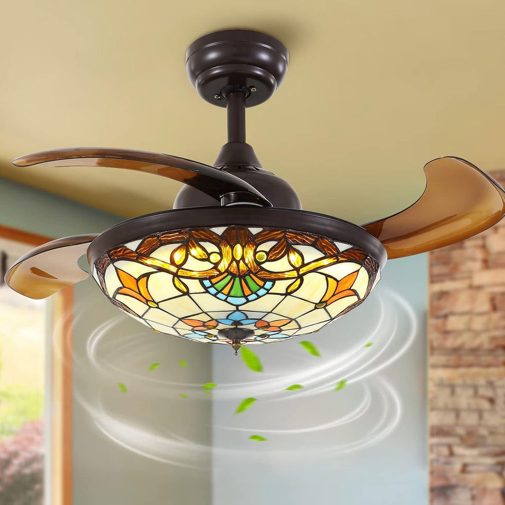 Siljoy 36' Tiffany Ceiling Fan with Lights, Stained Glass Ceiling Fan Vintage Ceiling Fan with Remote Control Dimmable Fandelier with 4 Retractable Reverse Blades for Bedroom, Living and Dining Room