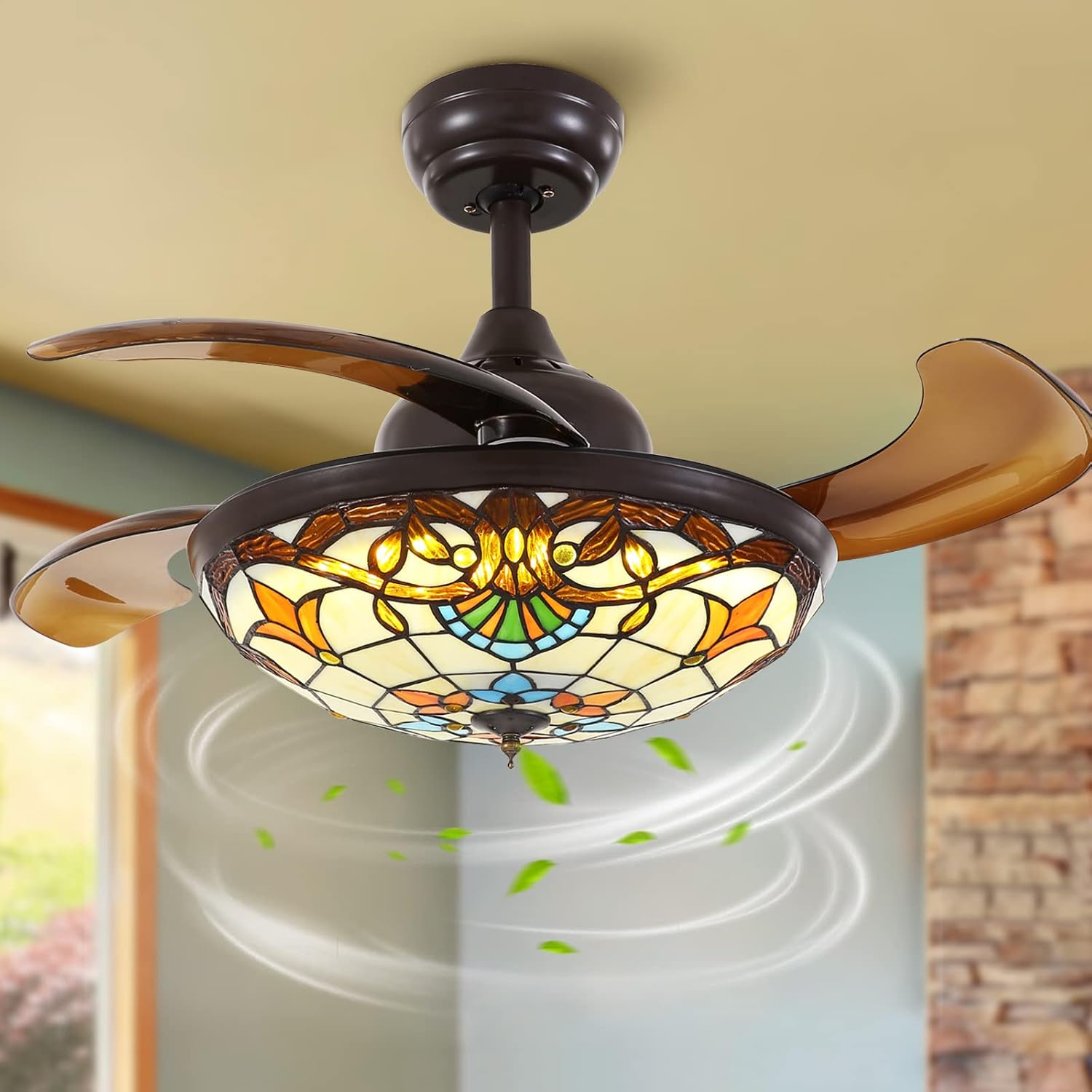 Siljoy 36' Tiffany Ceiling Fan with Lights, Stained Glass Ceiling Fan Vintage Ceiling Fan with Remote Control Dimmable Fandelier with 4 Retractable Reverse Blades for Bedroom, Living and Dining Room