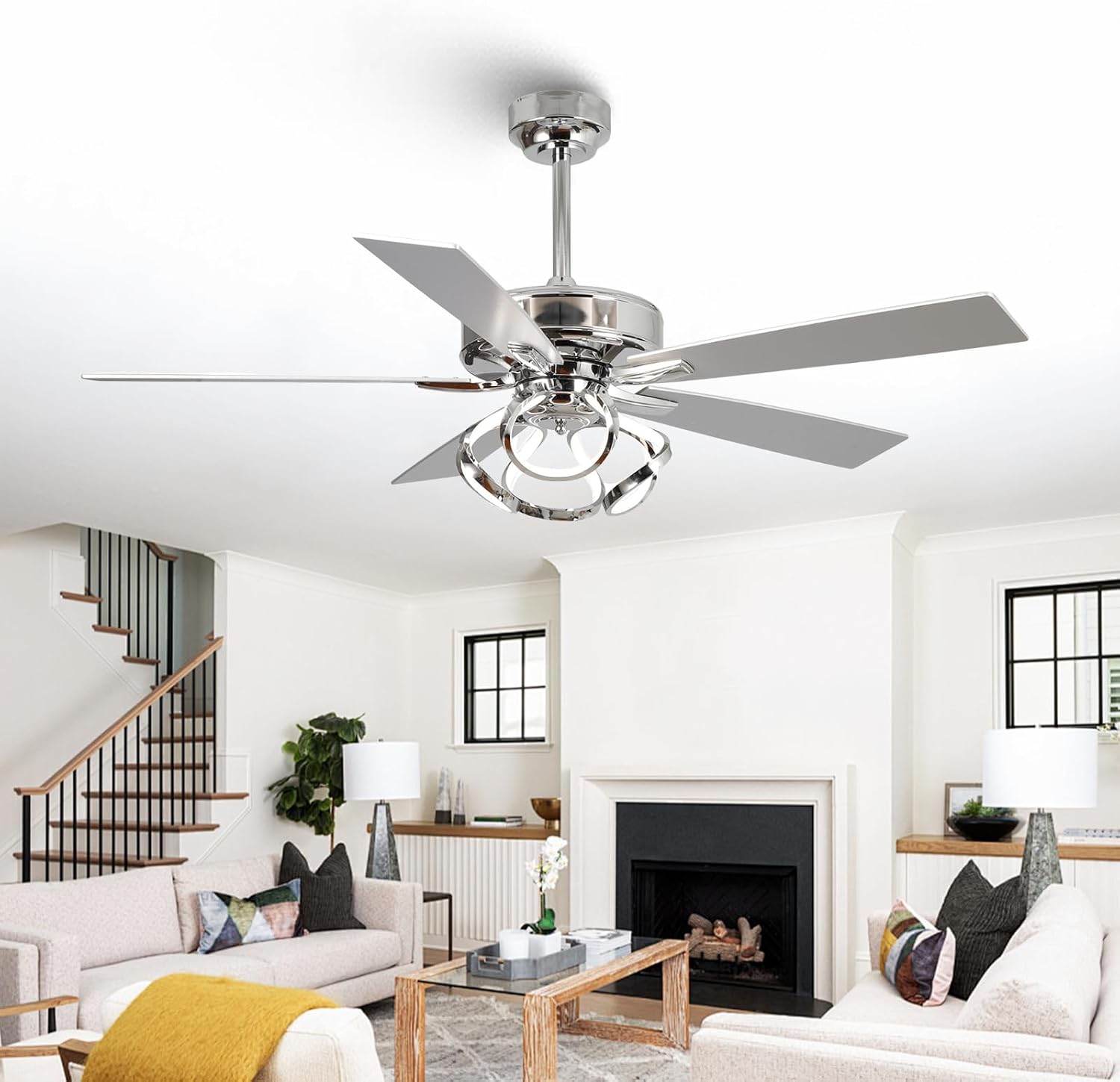 Ceiling Fans with Lights and Remote - Modern Silver Ceiling Fan with Light and Remote, 3CCT, 6 Speeds, Quiet, Dual-Sided Reversible Blades Indoor Outdoor Chandelier Fan for Bedroom Living Room
