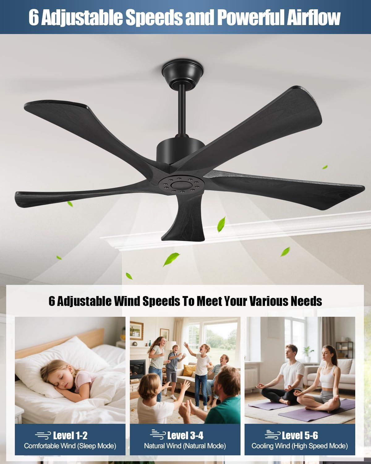 52 Inch Ceiling Fans Without Lights, USA Original Patent Outdoor Ceiling Fan No Light, 5 Wood Blades, ETL Listed, 6 Speeds Quiet DC Motor Modern Fan with Remote for Patios, 52', Matte Black
