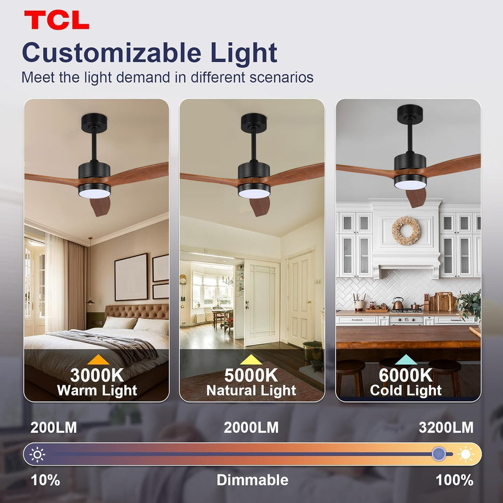 TCL Ceiling Fans with Light and Remote: 52 inch 3 Wooden Blades 3 Dimmable LED Fan for Room Indoor Modern Farmhouse Decor - 6 Speed Memory DC Reversible Fan Lights (Walnut, 52 Inch)