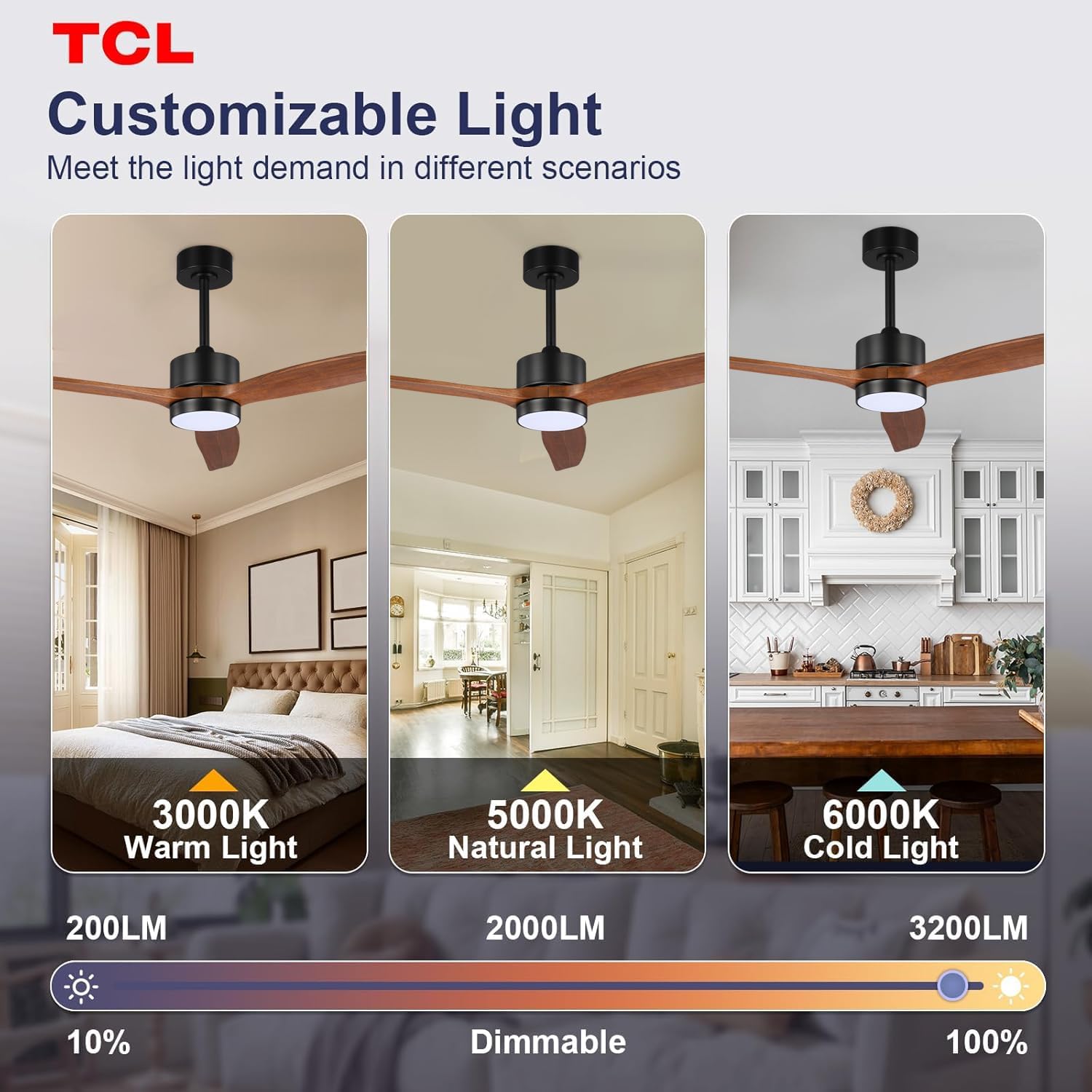 TCL Ceiling Fans with Light and Remote: 52 inch 3 Wooden Blades 3 Dimmable LED Fan for Room Indoor Modern Farmhouse Decor - 6 Speed Memory DC Reversible Fan Lights (Walnut, 52 Inch)