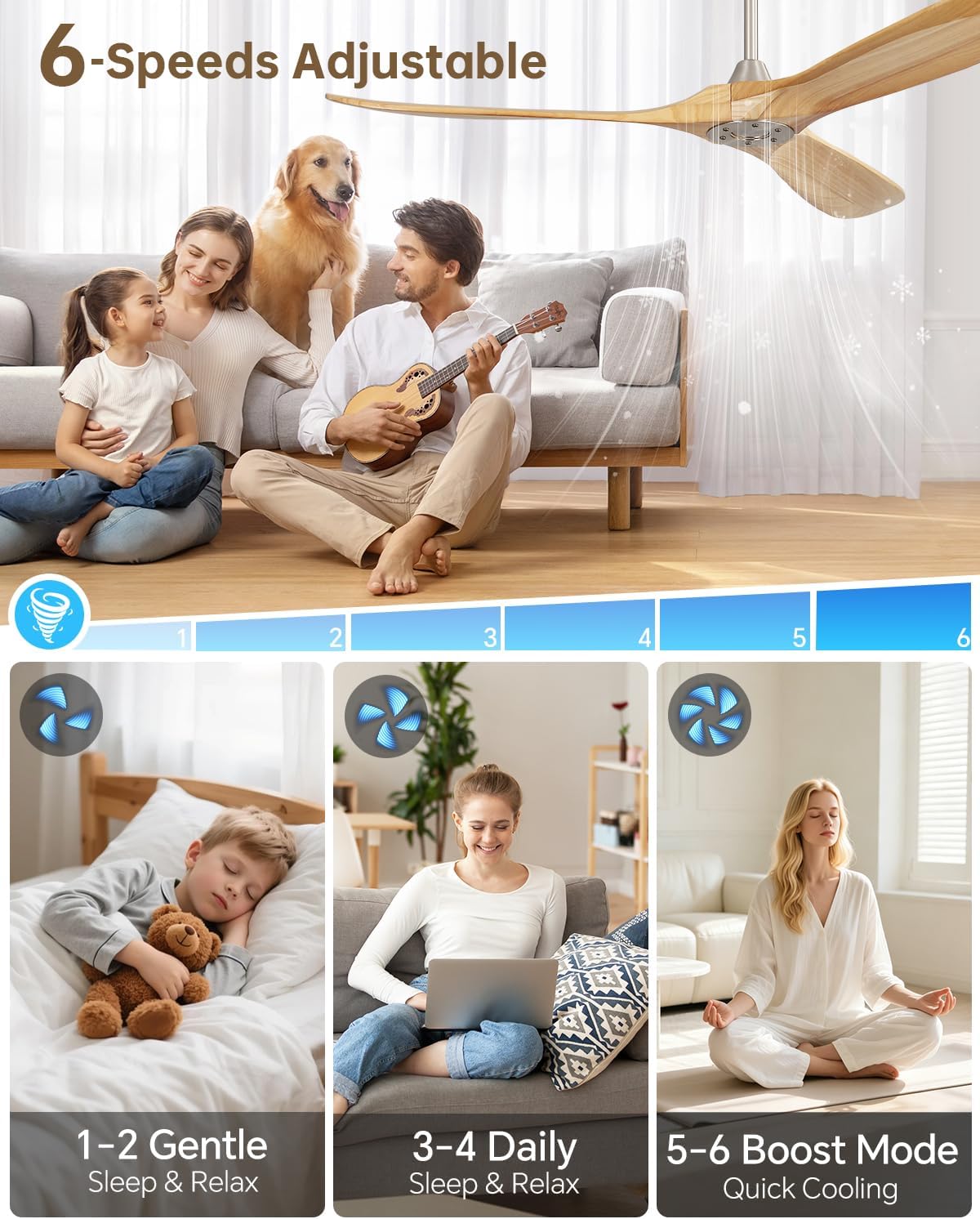Sofucor 60 Inch Smart Ceiling Fans No Lights-Outdoor Modern Smart Ceiling Fan with Alexa/Google/APP/Remote Control, Reversible Quiet DC Motor,Wood Blade Ceiling Fan for Bedroom/Living Room/Patios
