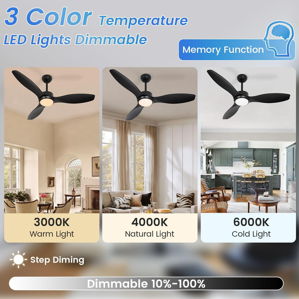 48 inch Ceiling Fans with Lights and Remote,Black Ceiling Fan with Light and Remote,3 Color Light,6 Speed,Quiet DC Motor,for Bedroom/Living Room/Indoor/Outdoor/Patios,Black