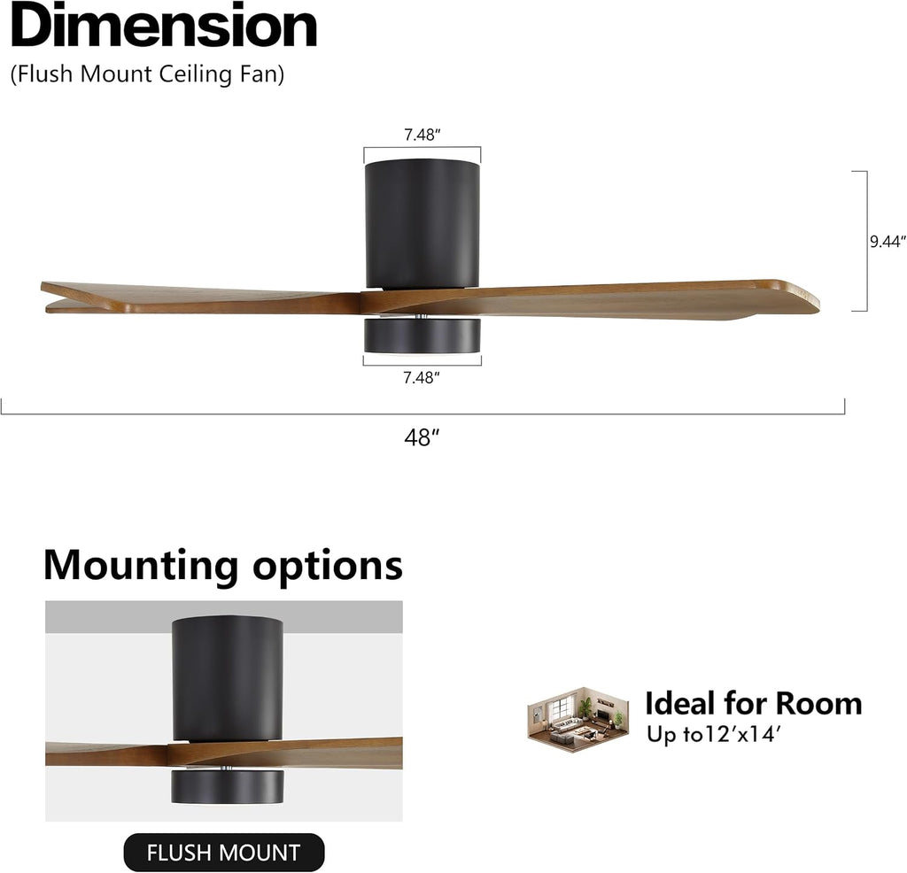 WINGBO 48 Inch Flush Mount DC Ceiling Fan with Lights and Remote, 5 Reversible Carved Wood Blades, 6-Speed Noiseless DC Motor, Hugger Ceiling Fan in Matte Black Finish with Walnut Blades, ETL Listed