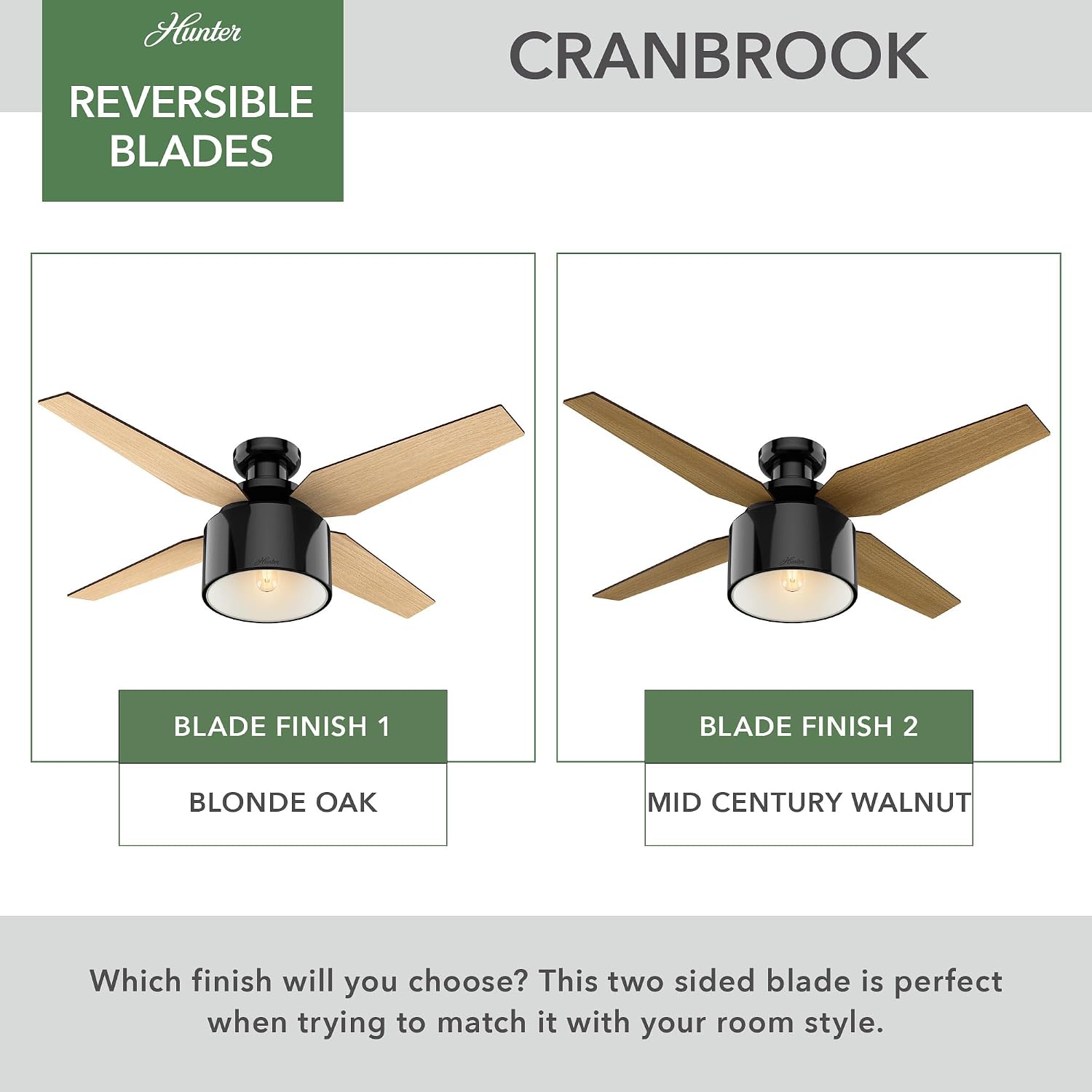 Hunter 52 inch Indoor Ceiling Fan with LED Light and Remote Control - Black Modern Ceiling Fan, Low Profile Mount, 4 Blades, For Bedroom, Living Room, or Kitchen, Quiet - Cranbrook 59259, Gloss Black