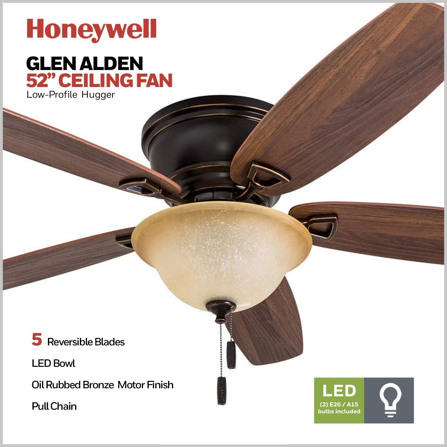 Honeywell Glen Alden 52 Inch Indoor LED Ceiling Fan with Bowl Light, Pull Chain Control, 5 Dual-Finish Blades, Quiet Reversible Motor, White