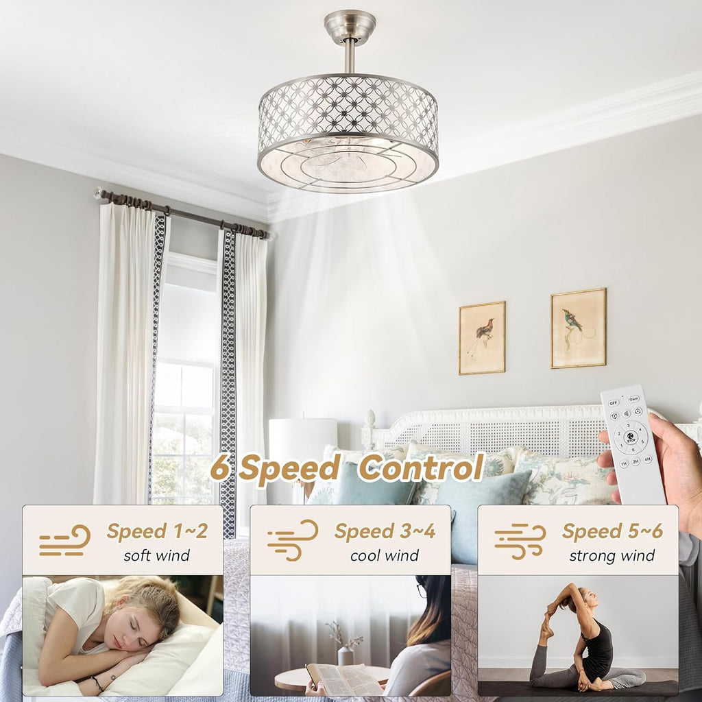 Silver Fandelier Ceiling Fan with Light, 20' Caged Silver Chandelier Ceiling Fans with Lights Remote Control, Fabric Mid-Century Modern with 6 Speeds for Bedroom, Nursery, Living Room.