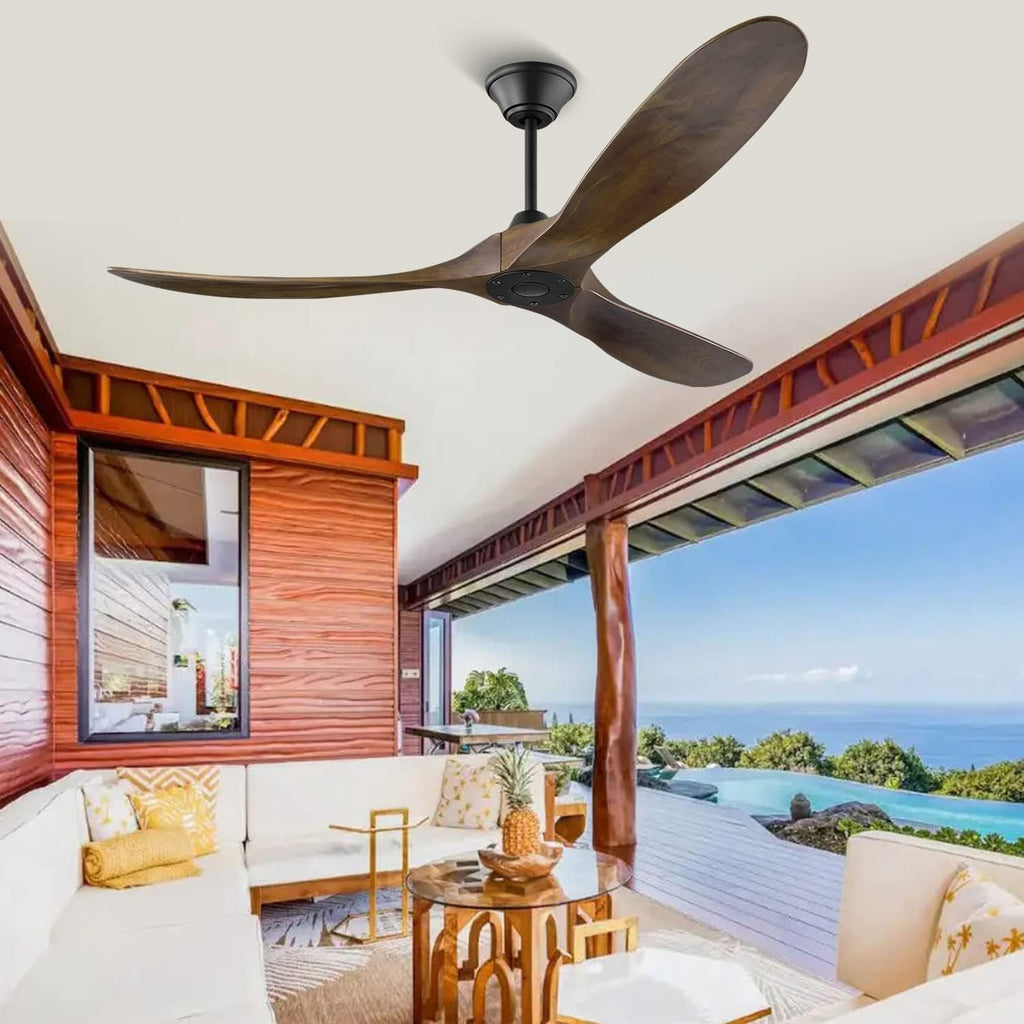 52 Inch Outdoor Ceiling Fan, Wood Ceiling Fan Without Light with Remote Control, 3 Blades Moisture-Proof Large Indoor Fan with 6 Speed Noise-Free DC Motor for Bedroom Patios Kitchen