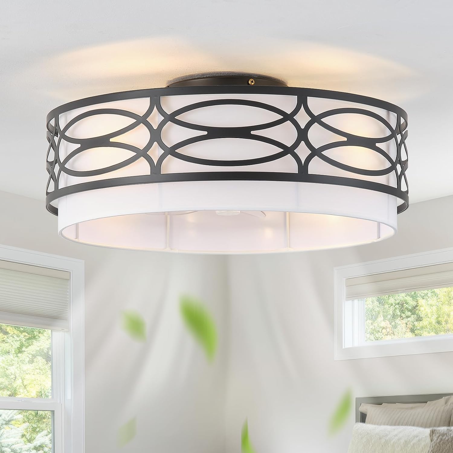 20' Black Flush Mount Ceiling Fan with Light, Caged Boho Ceiling Fan with Lights Remote Control with 6 Speeds for Bedroom, Living Room, Nursery