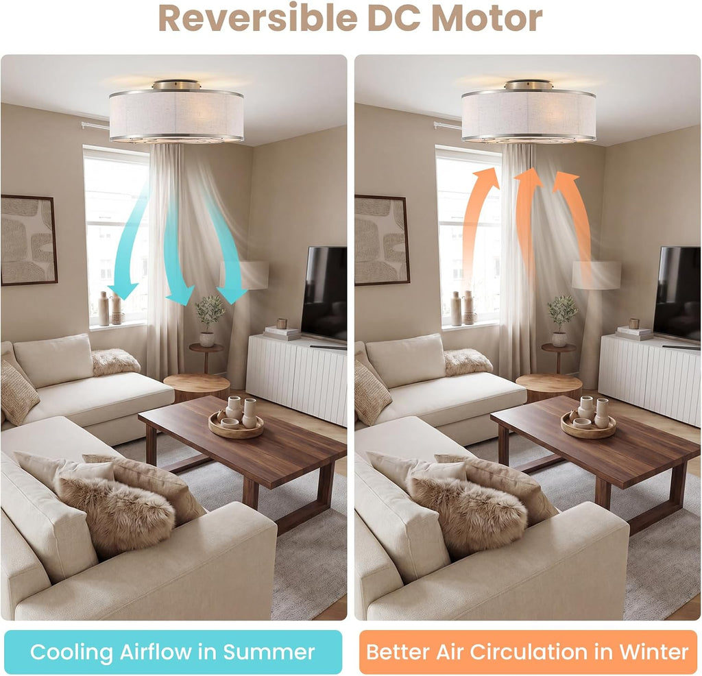 20 Inch Boho Ceiling Fan with Light, Low Profile Flush Mount Caged Ceiling Fan, Bladeless Silver Drum Chandelier with Remote, 6 Speed Reversible DC Motor for Bedroom Living Room, Nursery