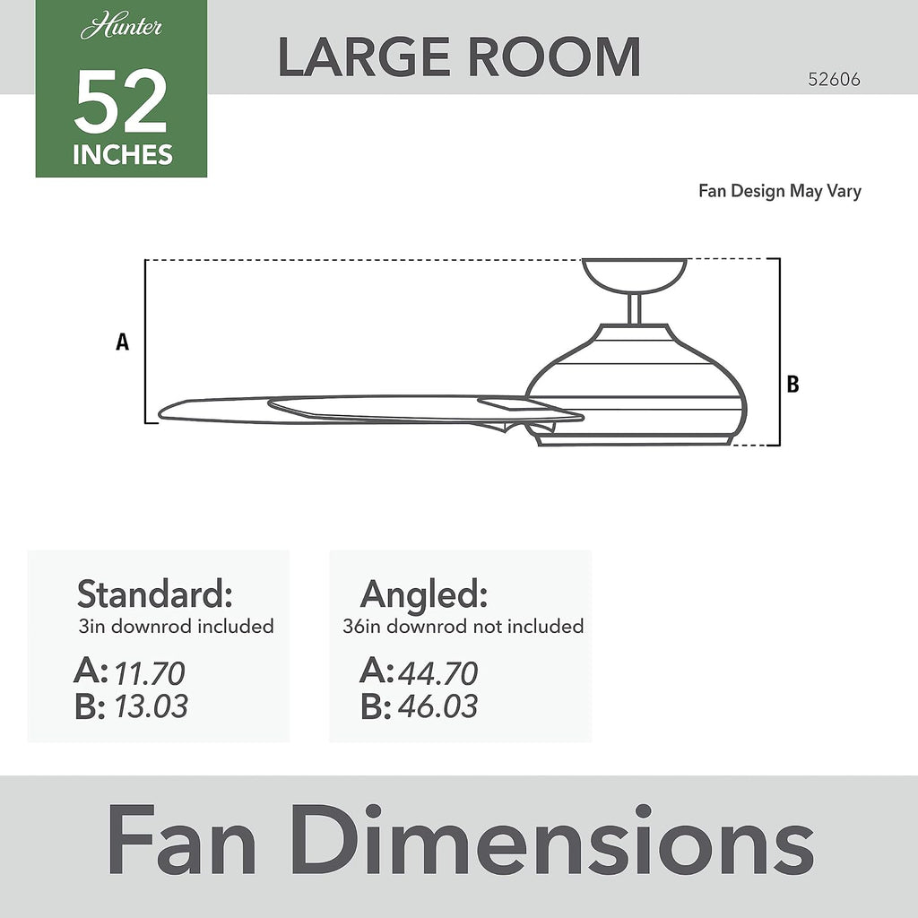 Hunter 52 inch Indoor Ceiling Fan No Light with Remote Control - Black Ceiling Fan without Light, Standard Mount, 3 Blades, For Bedroom, Living Room, or Kitchen - Malden 52606, Matte Black