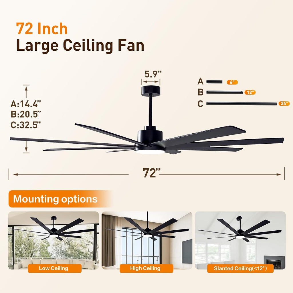 72In Modern Black Ceiling Fans with Light and Remote,6 Speed,3CCT,Quiet Reversible DC Motor Indoor Outdoor Ceiling Fan for Patio Living Room Bedroom