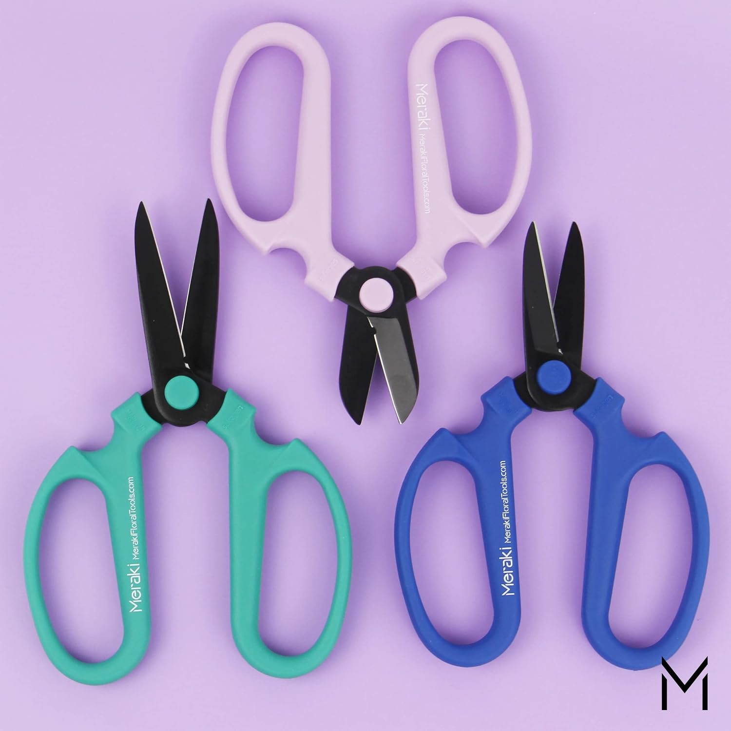 Flower Scissors Set Of 3 Carbon Steel Blades, 3 Sizes In Cool Analogous Colors