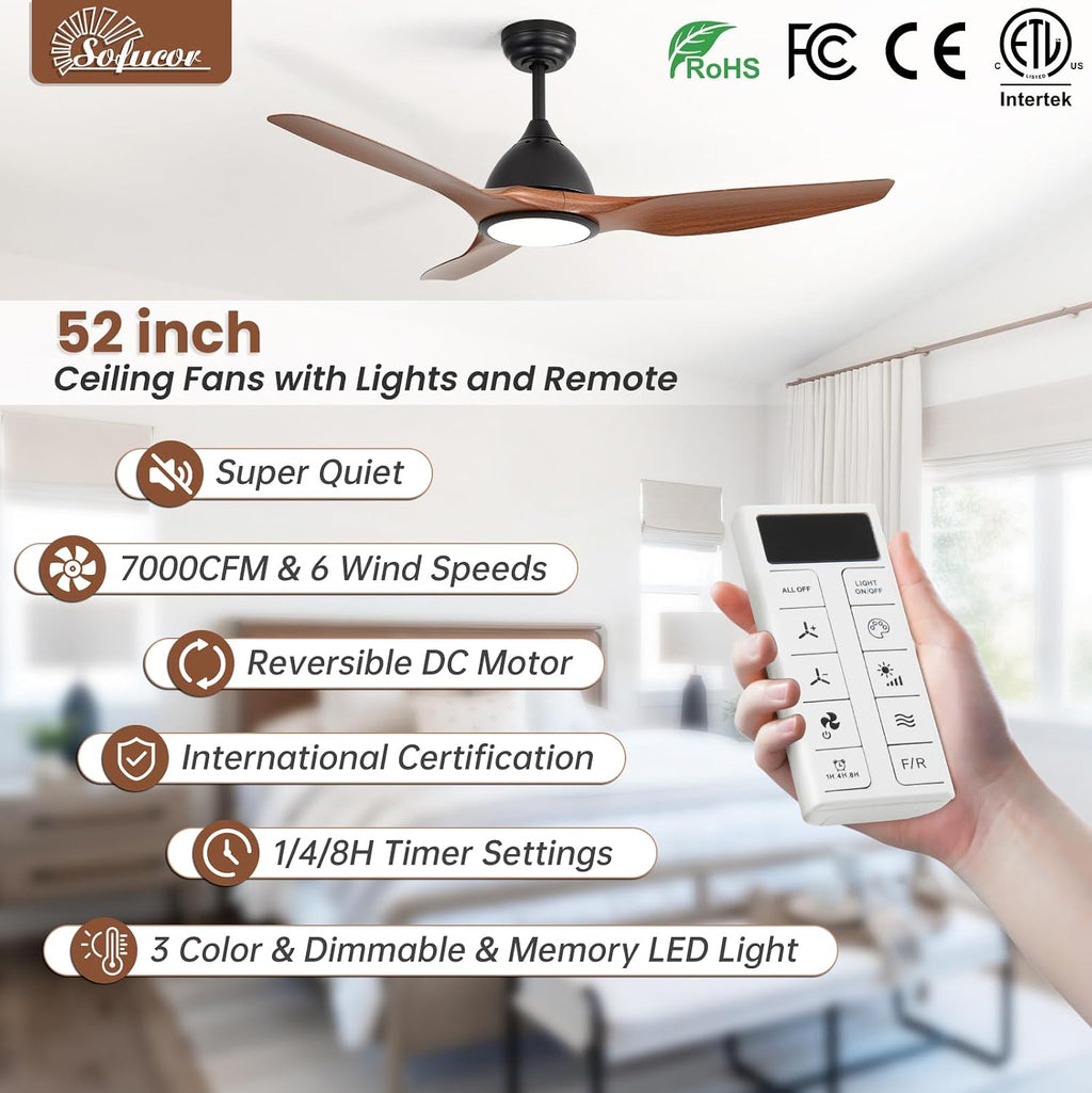 Sofucor 52 Inch Smart Ceiling Fan with Light, Modern Ceiling Fan with 3 Plastic Blade, Quiet, Dimmable, Compatible with Alexa/Google/App, 6 Speeds 7000CFM, Timer Quiet Reversible DC Motor, ETL, Brown
