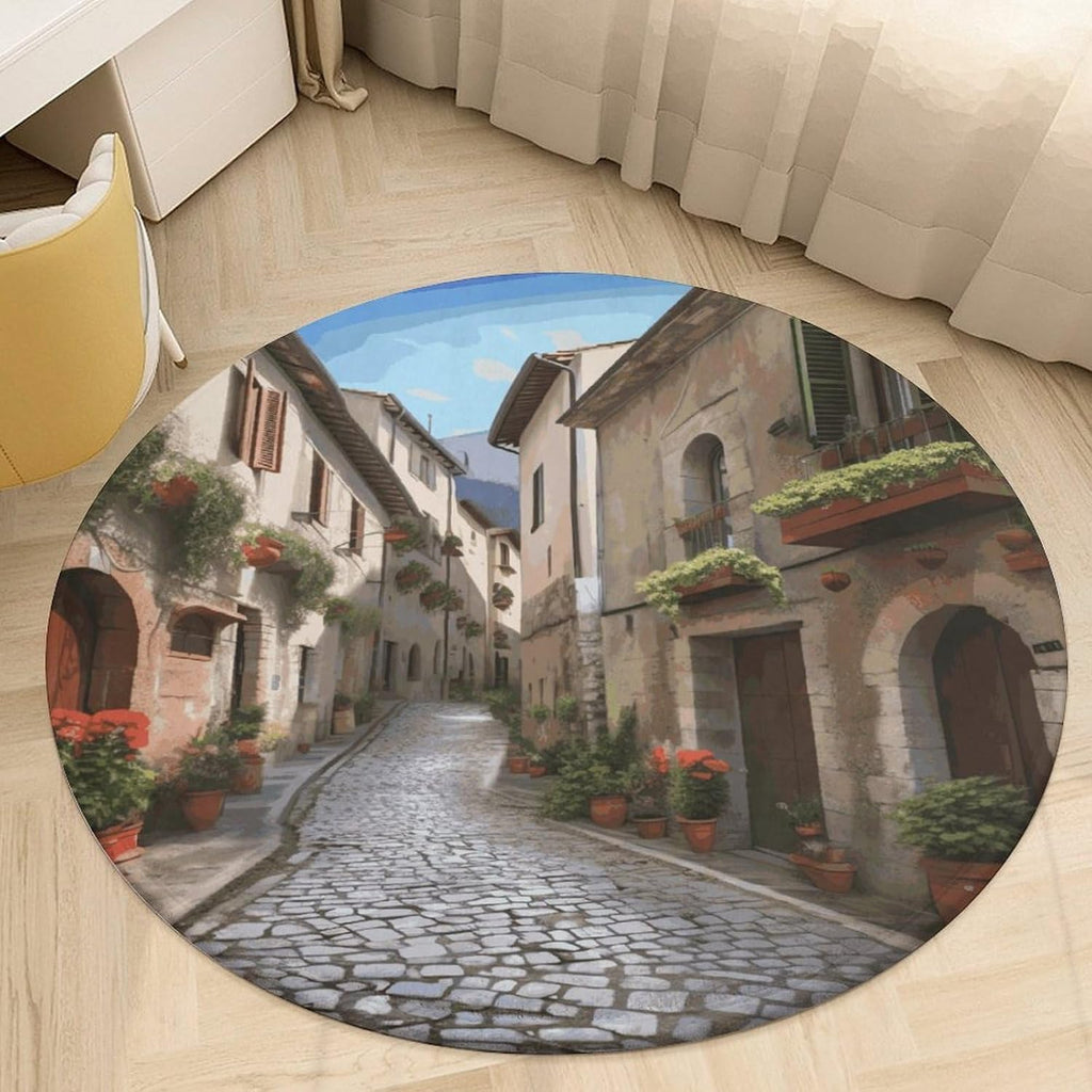 Italian Town Street Coral Velvet Round Floor Mat Non-Slip Bath Rug Floor Covering for Bathroom Vanity Guest Suite & Vacation Home