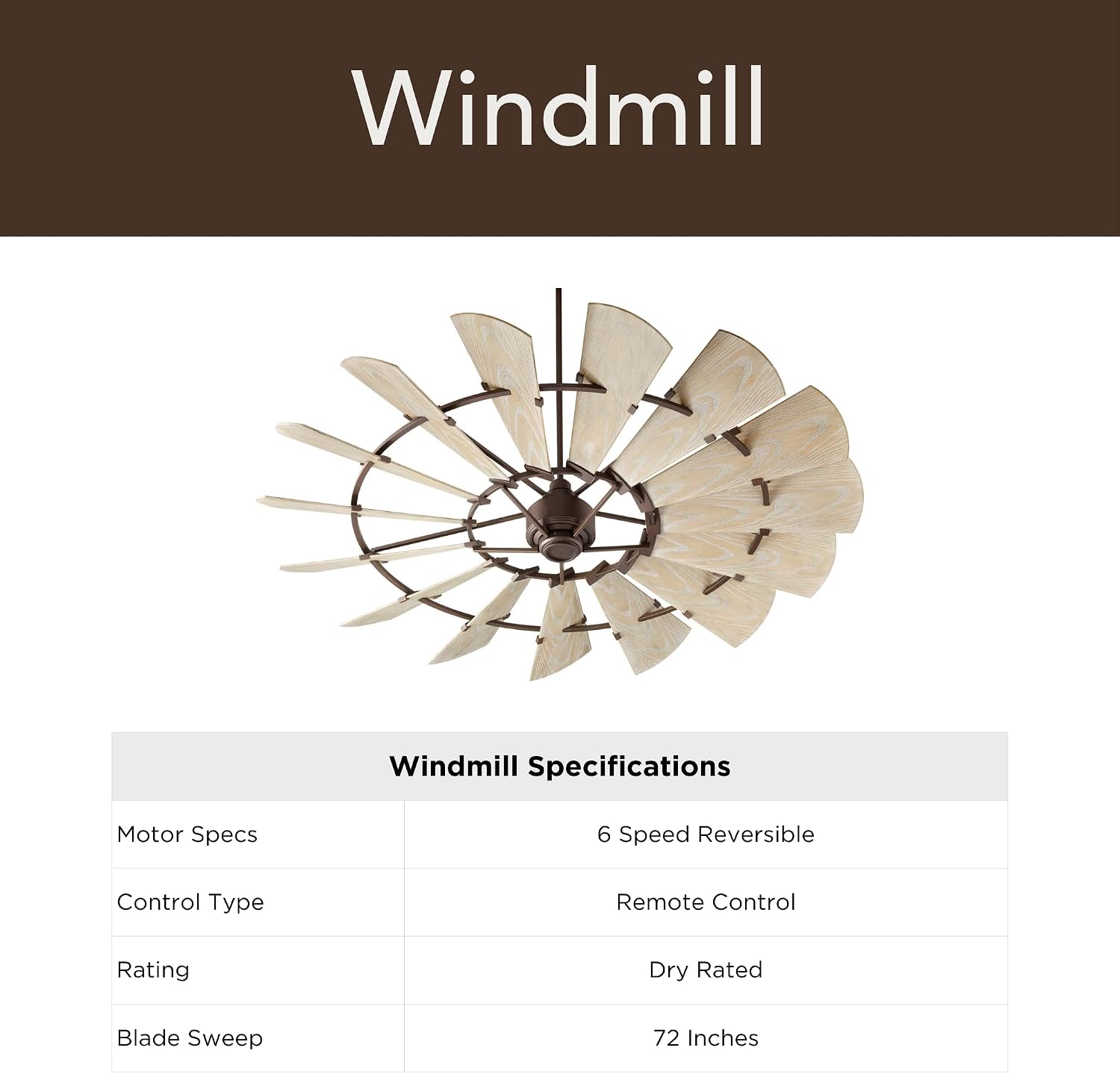 Quorum 97215-86 Windmill 72 Inch Ceiling Fan | 15 Blade Wagon Wheel Design | 6 Speed Reversible DC Motor | Remote Control Included | Dry Rated Indoor Fan | Weathered Oak Blades | Oiled Bronze Finish
