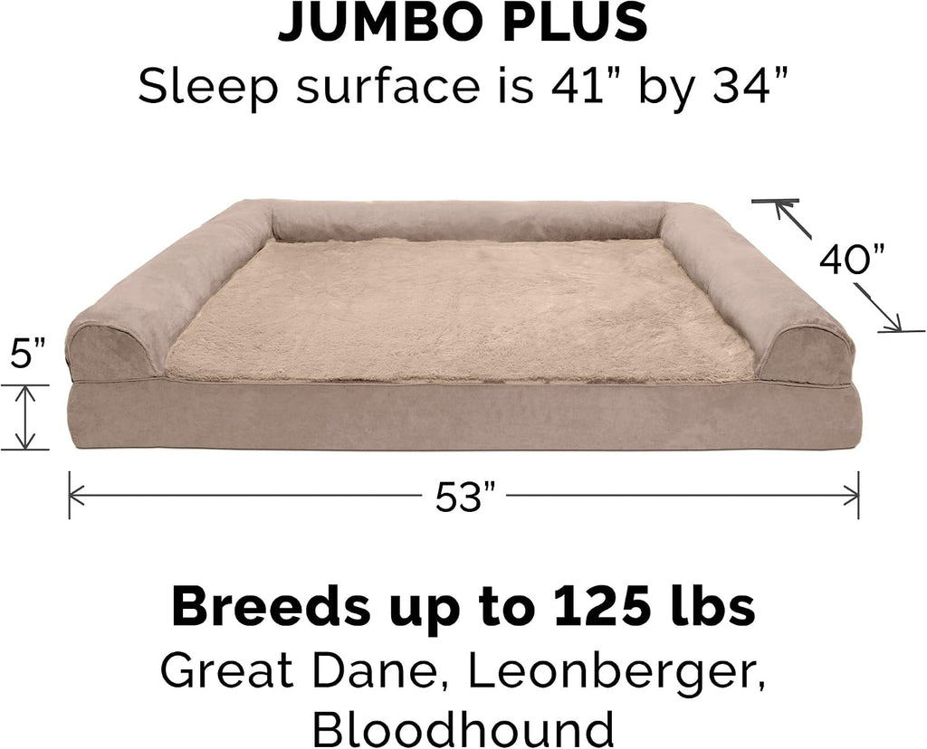 Furhaven Orthopedic Dog Bed for Large Dogs w/ Removable Bolsters & Washable Cover, For Dogs Up to 125 lbs - Plush & Suede Sofa - Almondine, Jumbo Plus/XXL