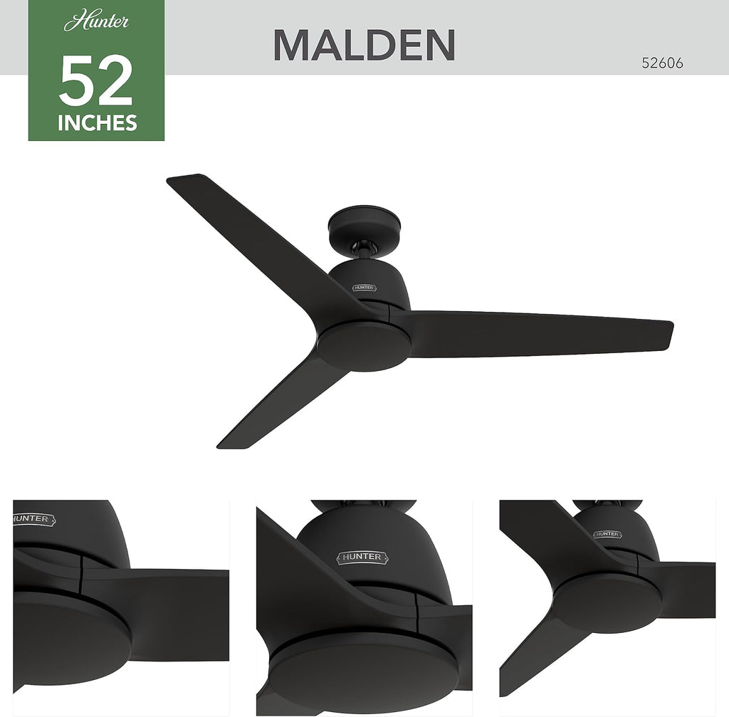Hunter 52 inch Indoor Ceiling Fan No Light with Remote Control - Black Ceiling Fan without Light, Standard Mount, 3 Blades, For Bedroom, Living Room, or Kitchen - Malden 52606, Matte Black