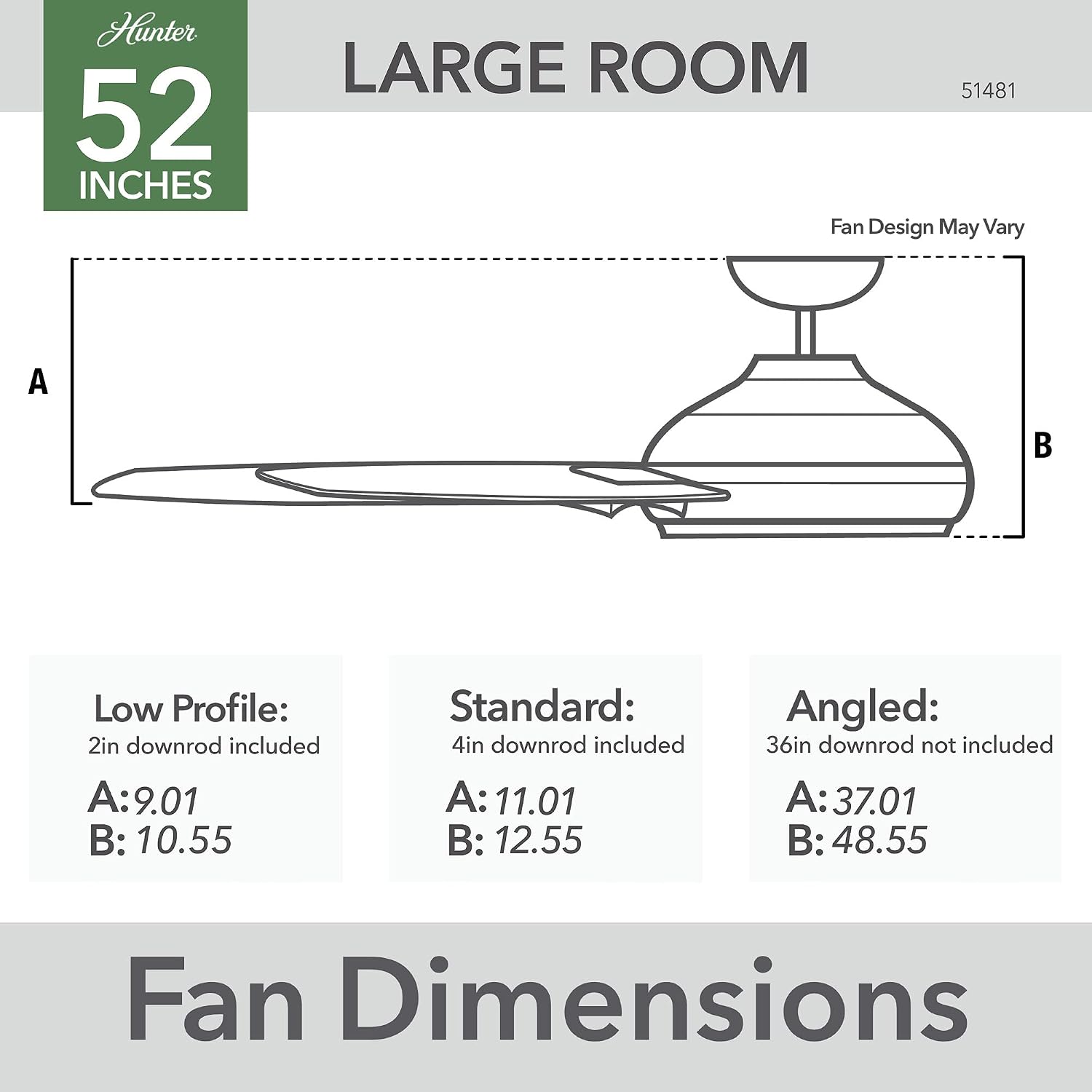 Hunter 52 inch Outdoor or Indoor Ceiling Fan No Light - Ceiling Fan without Light, For Patio, Porch, Garage, or Living Room, Standard Mount, 3 Blades, Wall Control - Trimaran 51481, Premier Bronze
