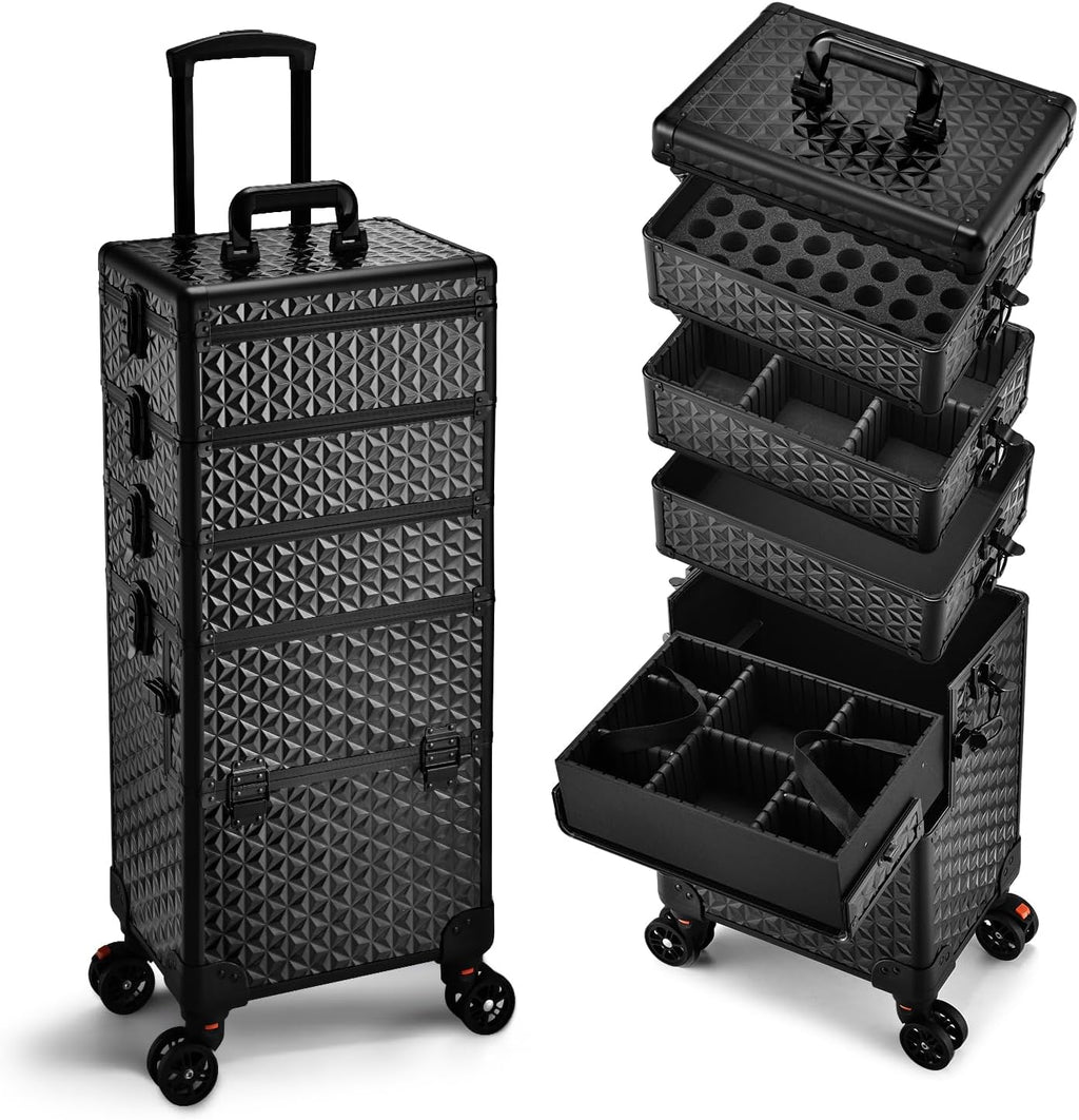Yueieoun 5 in 1 Makeup Train Case, Cosmetology Case on Wheels Travel Make up Case Rolling Nail Cart Makeup Organizer Cosmetic Storage Box Cases Extra Large Trolley Truck with 360° Swivel Wheels, Black