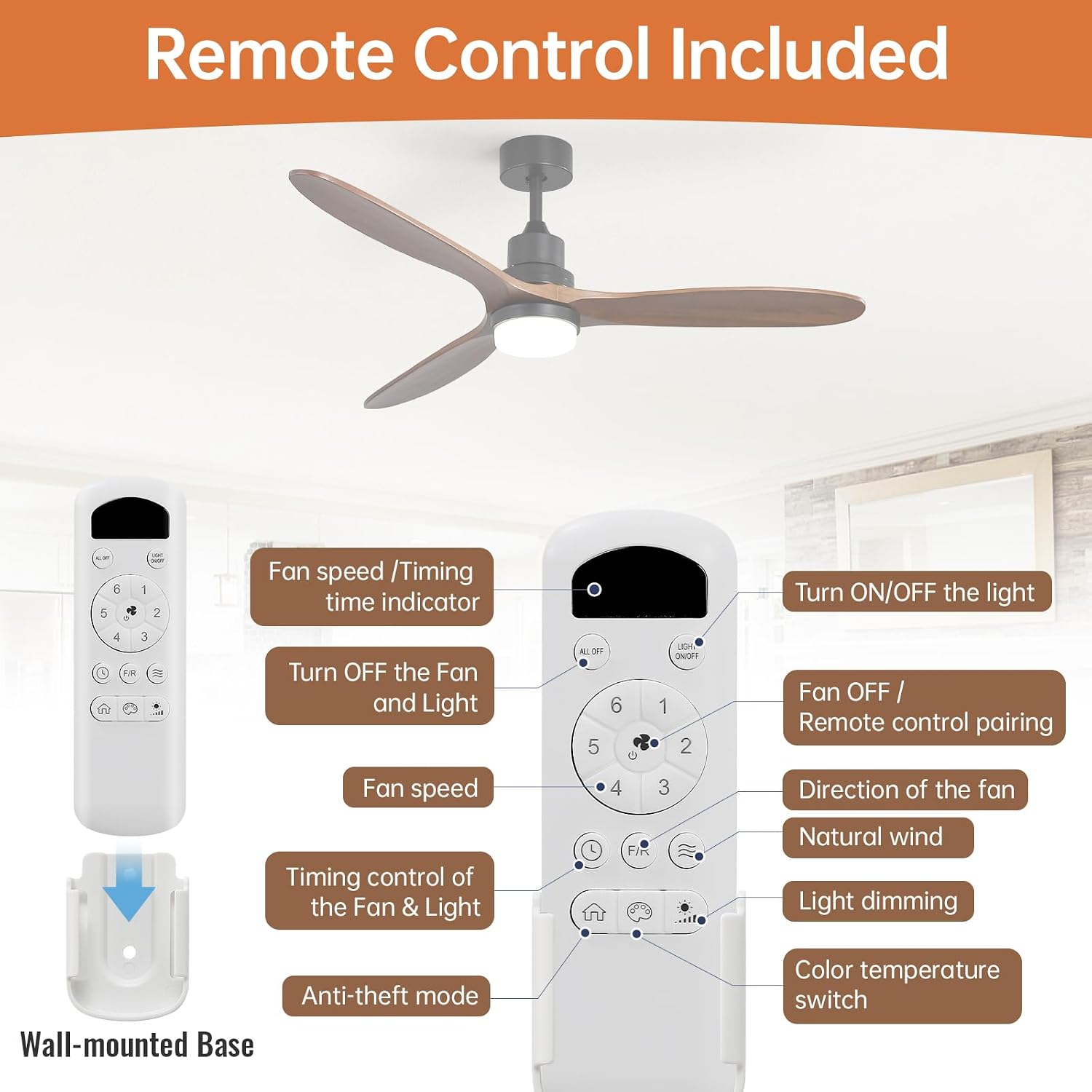 Sofucor 60 Inch Ceiling Fan with Lights Remote Control Walnut Blades Dimmable Light Reversible DC Motor Modern Wood Ceiling Fans for Kitchen, Bedroom, Basement, Dining, Living Room Matte Black