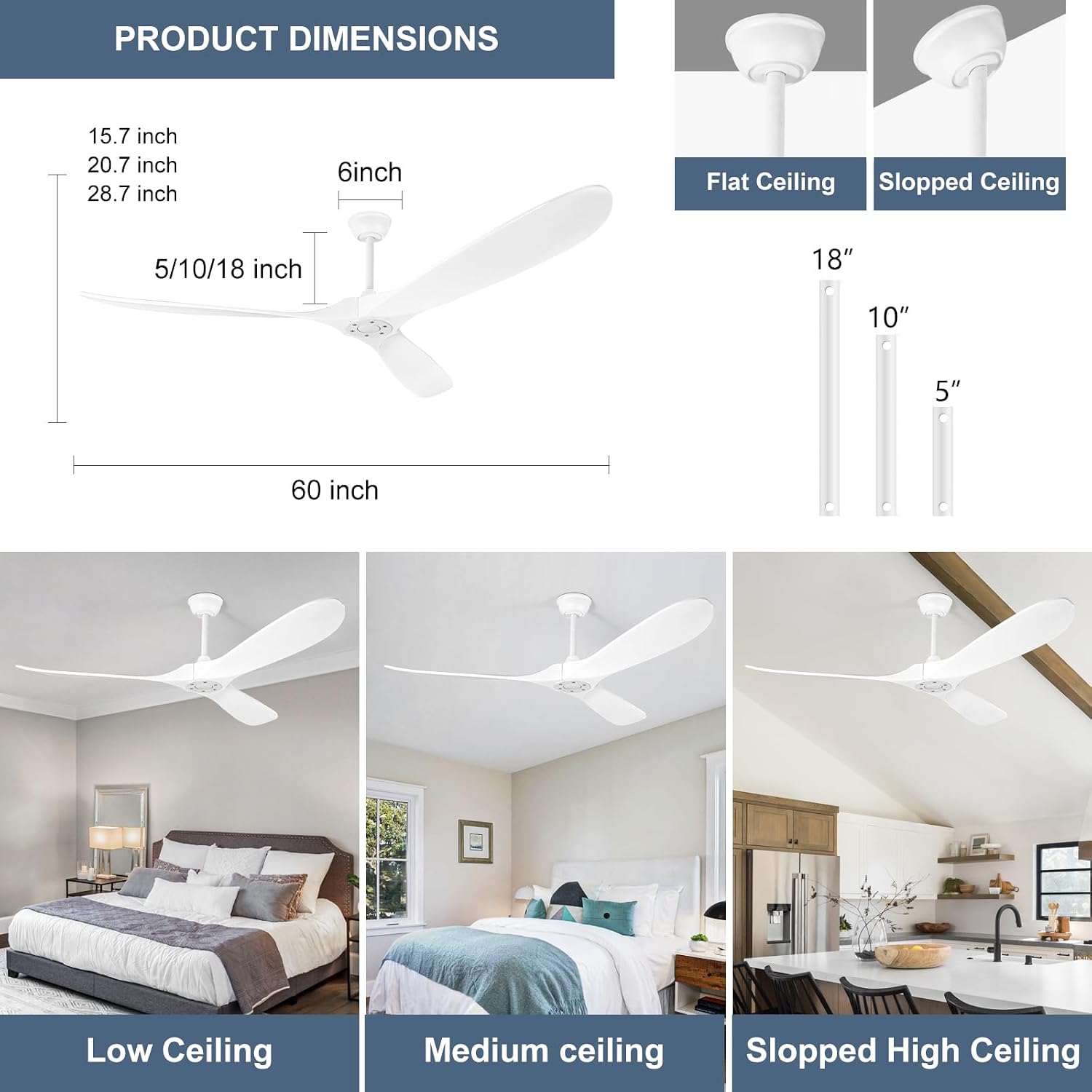 Solid Wood Ceiling Fans no Light,60'' White Ceiling Fan with Remote Control,DC Motor with Large Airflow,Indoor and Outdoor Ceiling Fan for Living Room,Bedroom,Patios