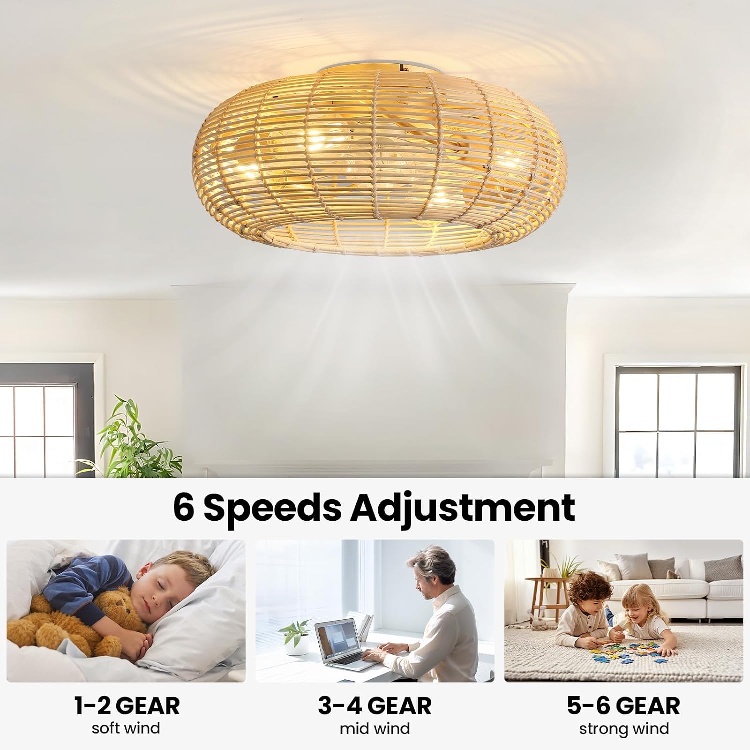 AIJIASI 20' Boho Ceiling Fan with Light and Remote, Rattan Caged Ceiling Fan with Light 6 Speeds Flush Mount Fandelier Ceiling Fan for Bedroom Living Room (4*E26 Base)