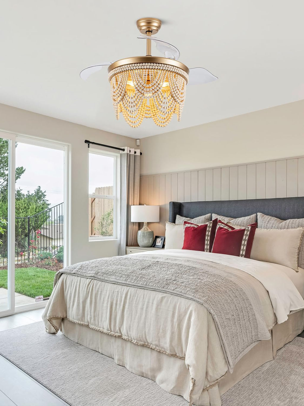 42 Inch Boho Fandelier Ceiling Fan with Light Retractable Ceiling Fan with Lights Wood Beaded Coastal Chandelier, 6 Speeds Reversible Quiet DC Motor for Bedroom Living Room