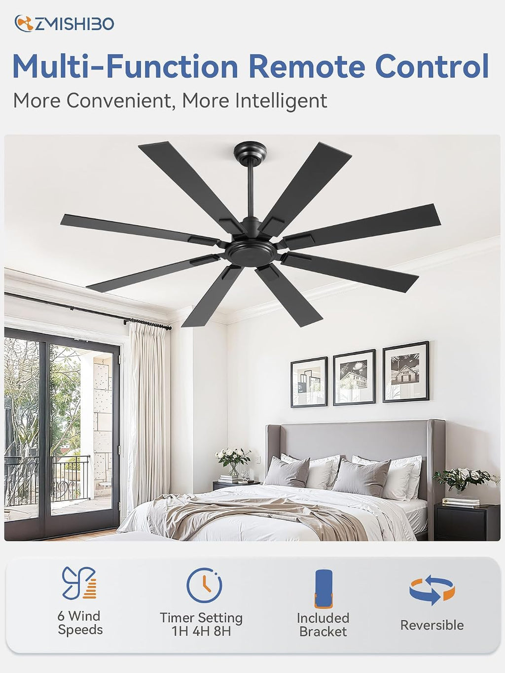 ZMISHIBO 62 Inch Ceiling Fan No Light with Remote, Modern Black Ceiling Fan without Light, Quiet Reversible DC Motor, 6-Speeds, Large Ceiling Fans for Living Room, Bedroom, Patio, Indoor/Outdoor Use