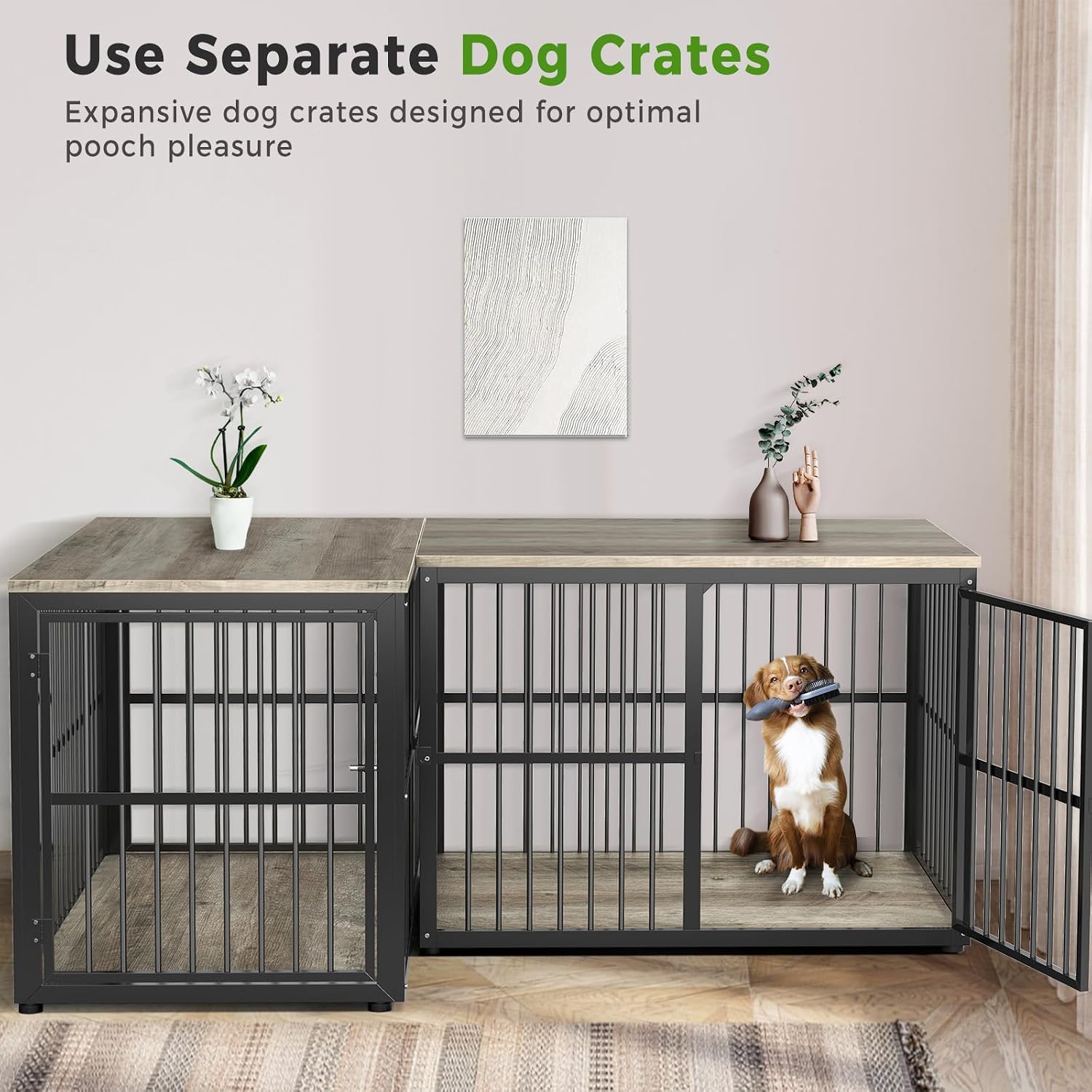 Lyromix 43'' L-Shaped Corner Dog Crate Furniture Large Breed with Double Rooms,Wooden Dog Crate End Table Indoor with Removable Divider for Small to Medium Dogs, Can Use Separately