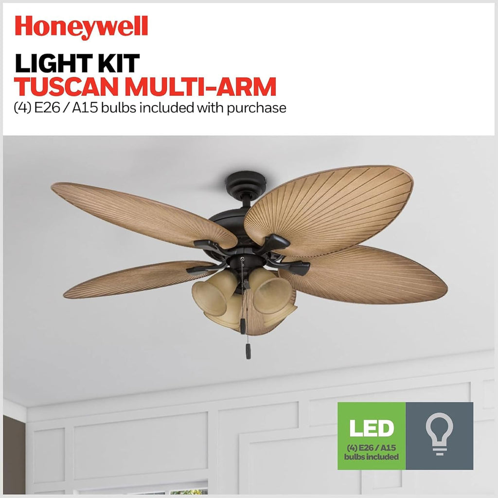 Honeywell Ceiling Fans Palm Valley, 52 Inch Tropical Indoor Outdoor Ceiling Fan with Light, Pull Chain, Three Mounting Options, 5 Palm Leaf Blades, Reversible Motor - 50506-01 (Bronze)