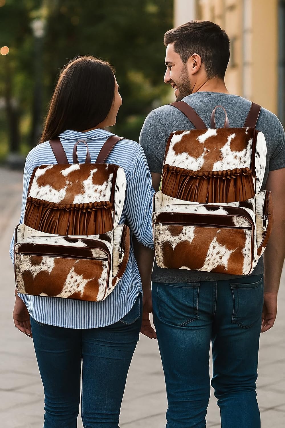 Cowhide Leather Diaper Bag – Handmade Hair-On Diaper Bags with Fringe | Artisan Cow Print Laptop Backpack for Women & Men | Western Style Travel Rucksack Knapsack