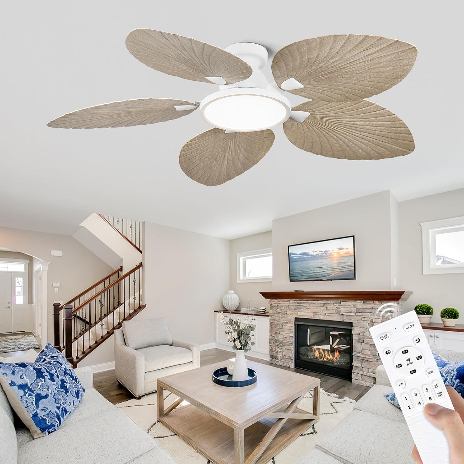 52 Inch Flush Mount Ceiling Fan with Light and Remote, Low Profile Hugger Ceiling Fan with Boho Palm Leaf Blades, Quiet DC Motor, Dimmable LED, for Bedroom, Living Room, Covered Patio