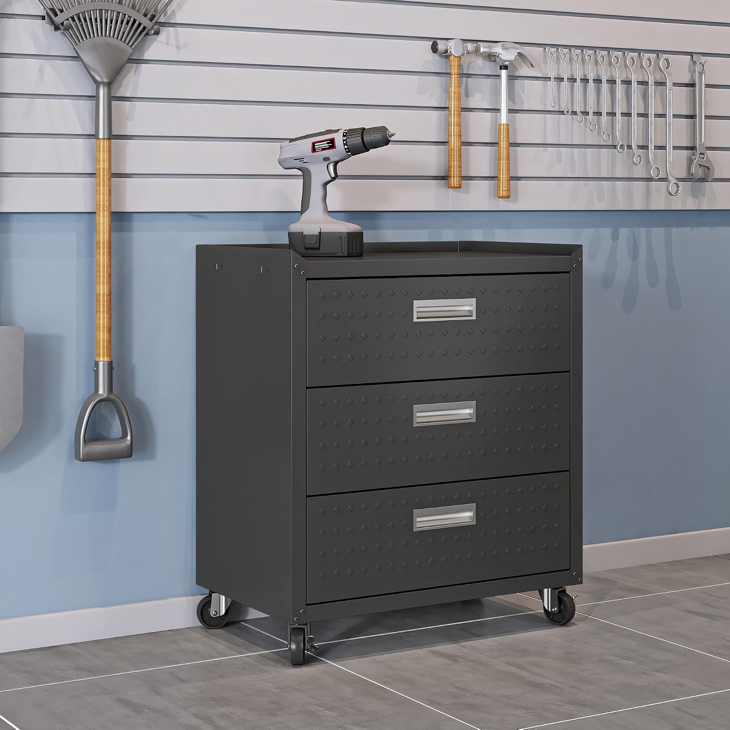 Manhattan Comfort Fortress 31.5-Inch Rolling Garage Tool Chest, 3-Drawer Lockable Mobile Storage Cabinet, Diamond-Textured Steel Utility Organizer with Wheels for Basement, Workshop in Charcoal Grey