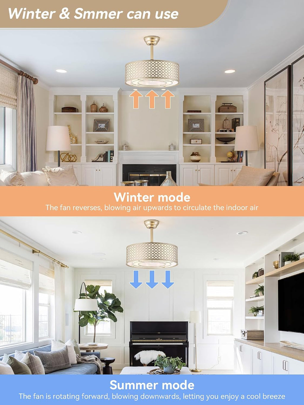 Gold Fandelier Ceiling Fan with Light, 20' Caged Boho Ceiling Fans with Lights and Remote, Mid Century with 6 Speeds for Bedroom, Living Room, Nursery