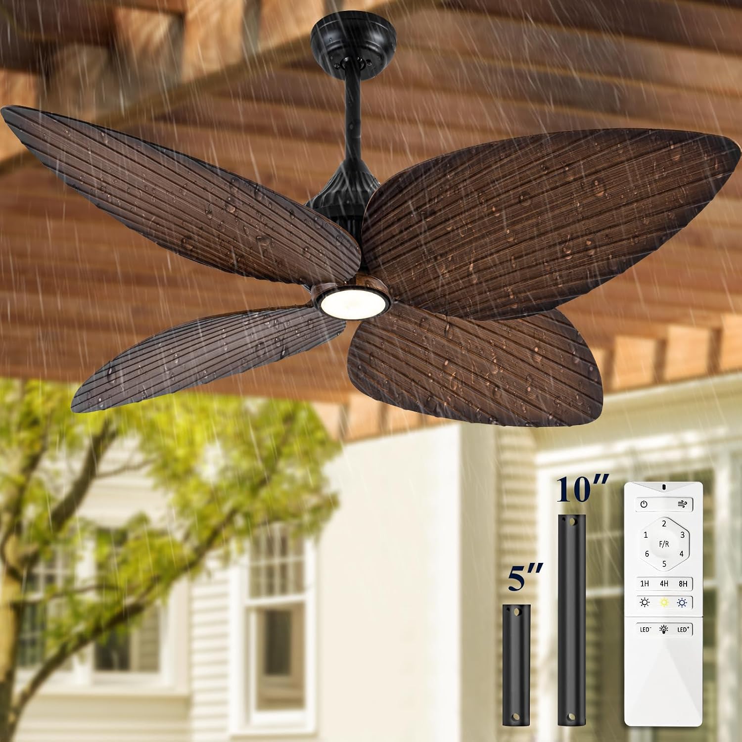 Outdoor Ceiling Fans For Patios With Light Waterproof, 52 Inch Tropical Ceiling Fan, 4 Palm Leaf Blades With Remote For Wet Rated Outside Exterior Porch, Pergola, Gazebo, Island, Black