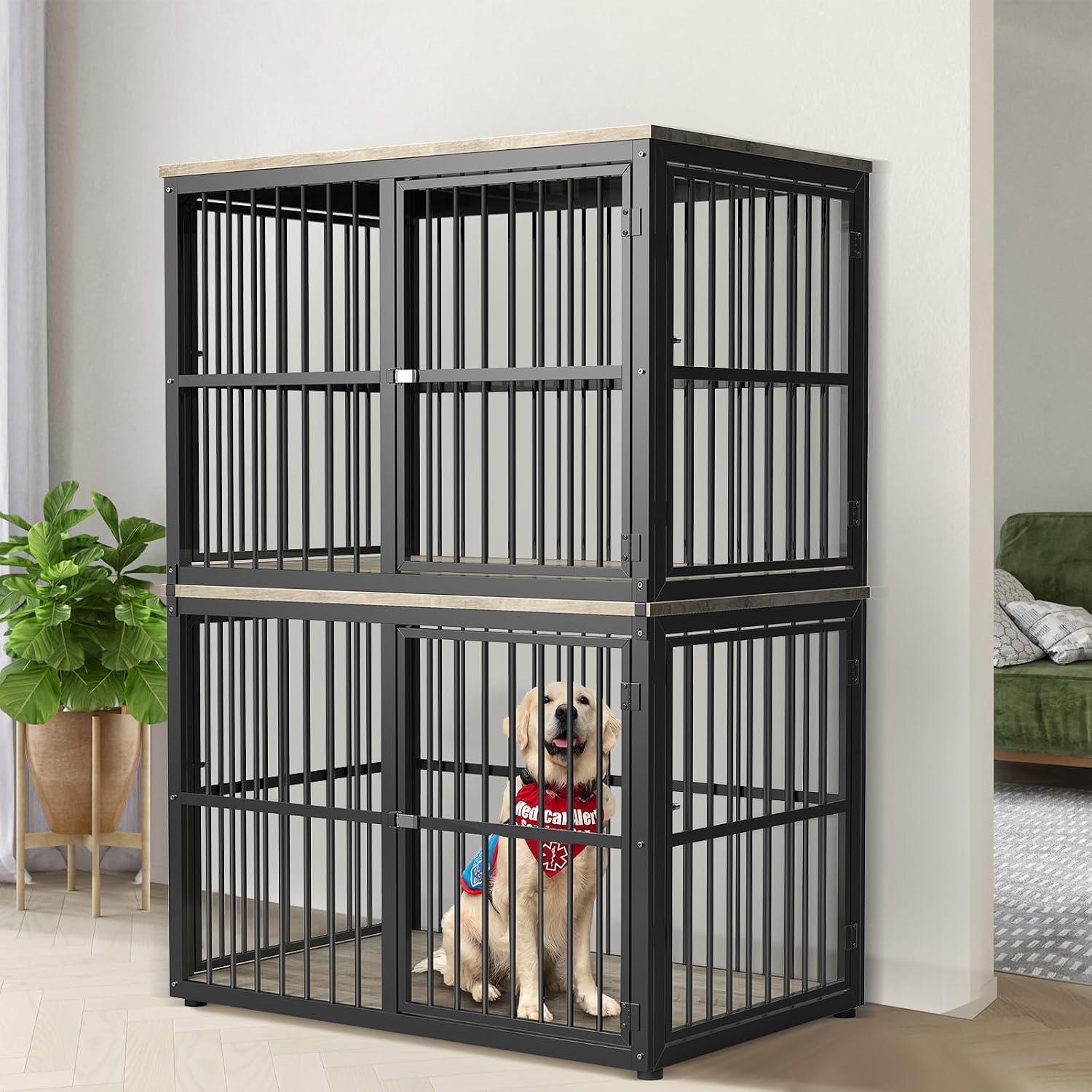 Lyromix 43'' Stackable Dog Crate Furniture Large Breed with Double Rooms,Wooden Dog Crate Heavy Duty Dog Kennel Indoor with Removable Divider for Small to Medium Dogs, Can Use Separately