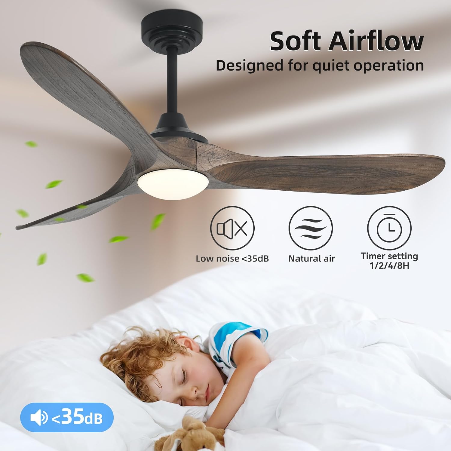 52' Outdoor Ceiling Fan with Light, Compatible with Alexa/Google, 3 Walnut Solid Wood Blade, Noiseless Reversible Dc Motor, Smart Outdoor Wood Ceiling Fan for Farmhouse Patios, Dark Brown
