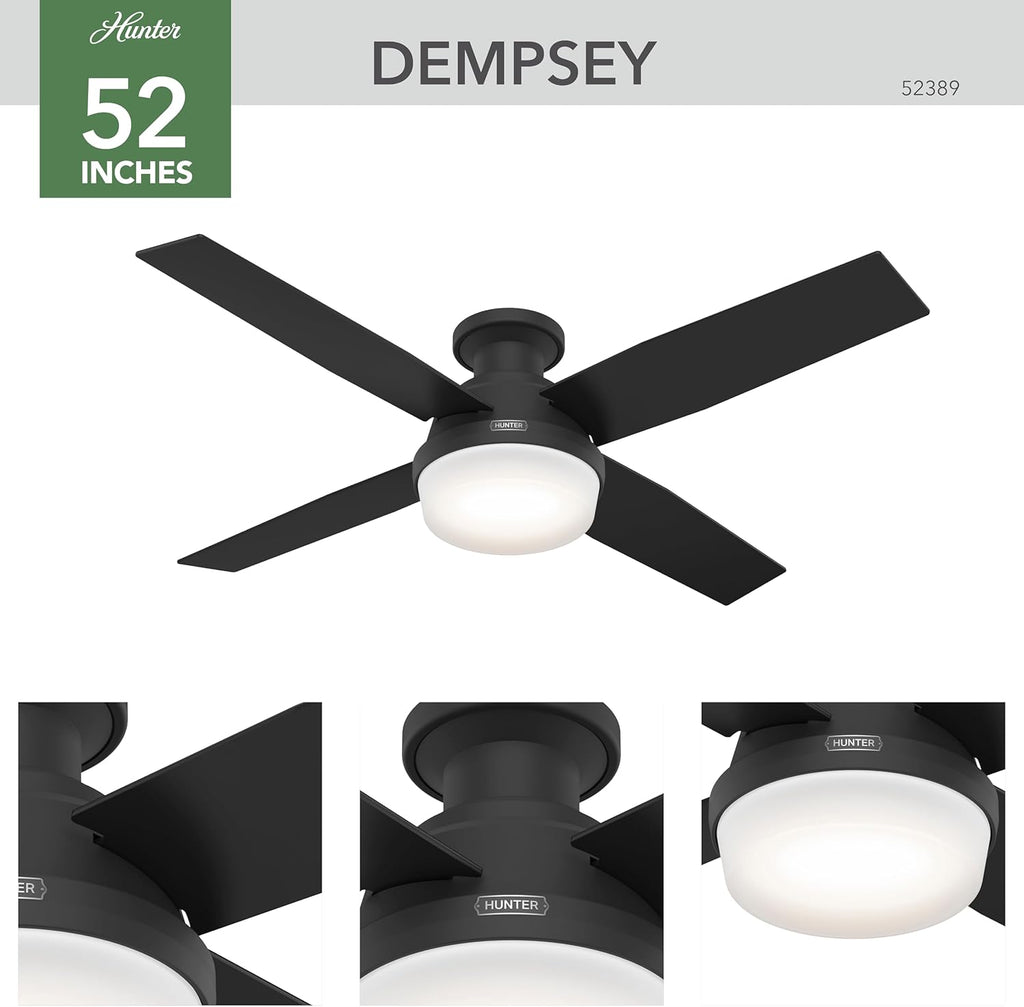 Hunter 52 inch Indoor Ceiling Fan with LED Light and Remote Control - Black Modern Ceiling Fan, Low Profile Mount, 4 Blades, for Bedroom, Living Room, or Kitchen, Quiet - Dempsey 52389, Matte Black