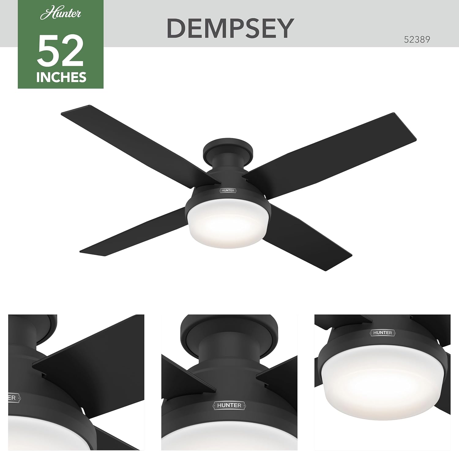 Hunter 52 inch Indoor Ceiling Fan with LED Light and Remote Control - Black Modern Ceiling Fan, Low Profile Mount, 4 Blades, for Bedroom, Living Room, or Kitchen, Quiet - Dempsey 52389, Matte Black