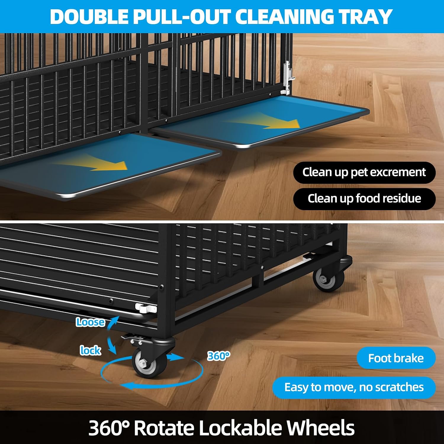 Heavy Duty Dog Crate 64' Inch Indestructible Escape Proof High Anxiety Dog Pet Kennel Cage for Extra XL Large Giant Breeds Double Doors Locakable Wheels