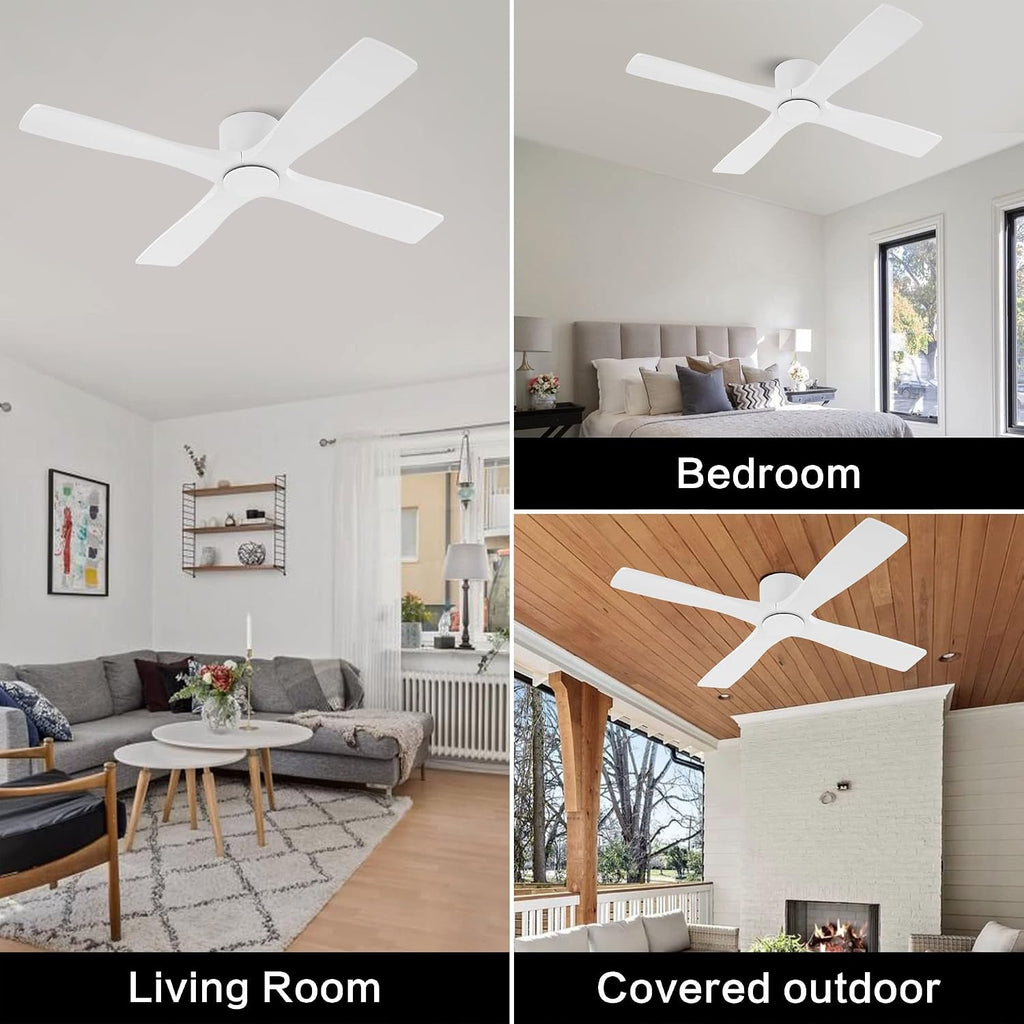 WINGBO 54 Inch Flush Mount DC Ceiling Fan without Lights, 4 Reversible Carved Wood Blades, 6-Speed Noiseless DC Motor, Huger Ceiling Fan No Lights in Gloss White with White Blades