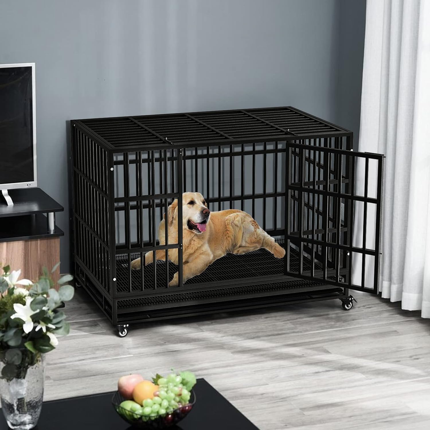 LEMBERI 38 Inch Heavy Duty Indestructible Dog Crate, High Capacity Escape Proof Double Door Kennel with Lockable Wheels, Small Metal Dog Cage with Reinforced Steel Tubes, Removable Tray, Black