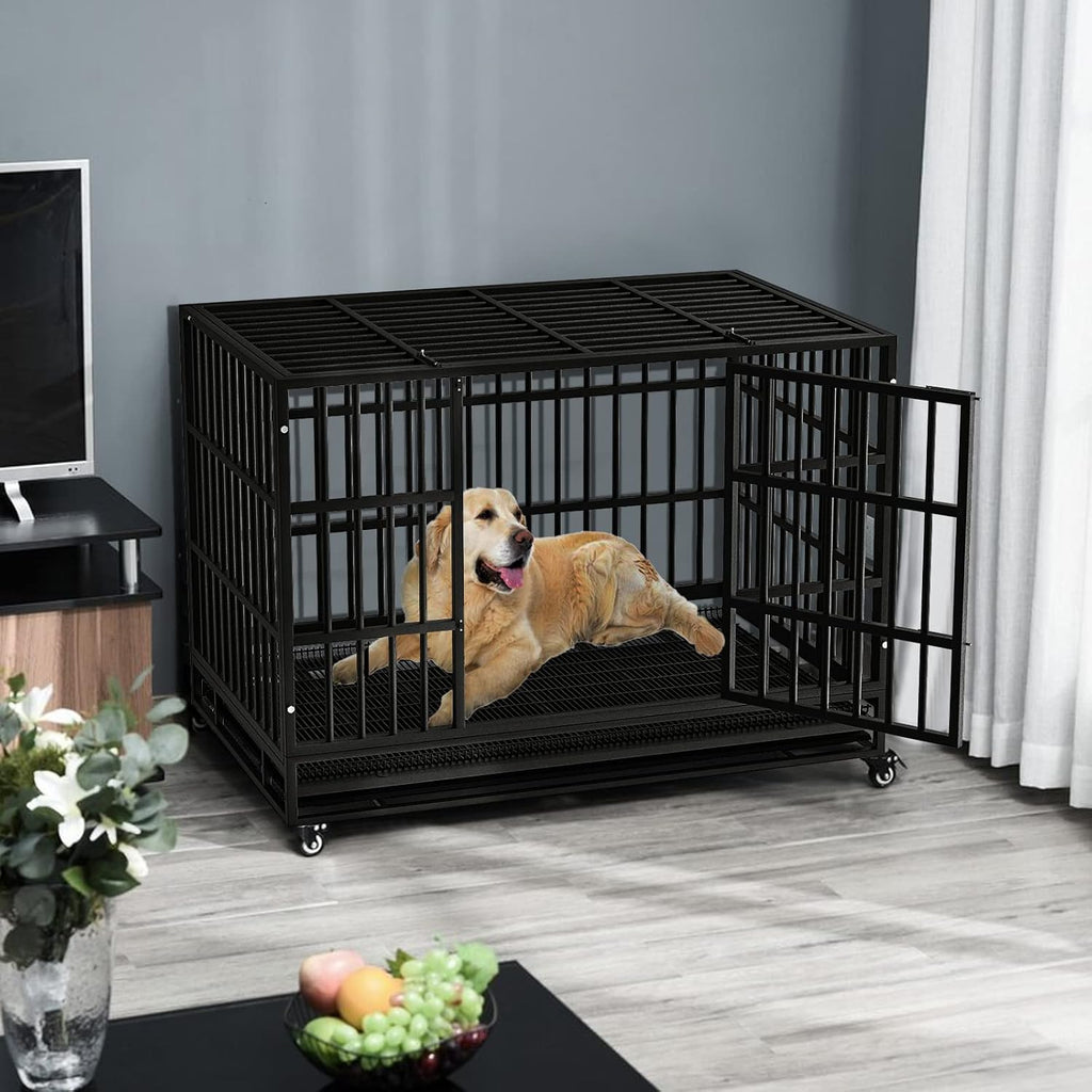 LEMBERI 48 Inch Heavy Duty Indestructible Dog Crate, 500lbs Capacity Escape Proof Double Door Kennel with Lockable Wheels, 36' Tall XL Dog Cage with 0.8' Steel Tubes, Removable Tray, Black