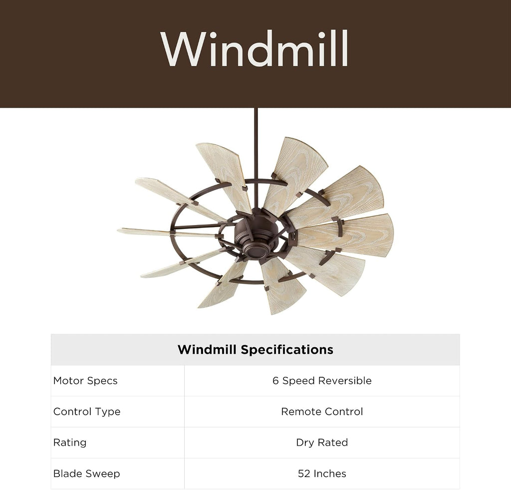 Quorum 94410-86 Windmill 44 Inch Ceiling Fan | 10 Blade Wagon Wheel Design | 6 Speed Reversible DC Motor | Remote Control Included | Dry Rated Ceiling Fan | Weathered Oak Blades | Oiled Bronze Finish