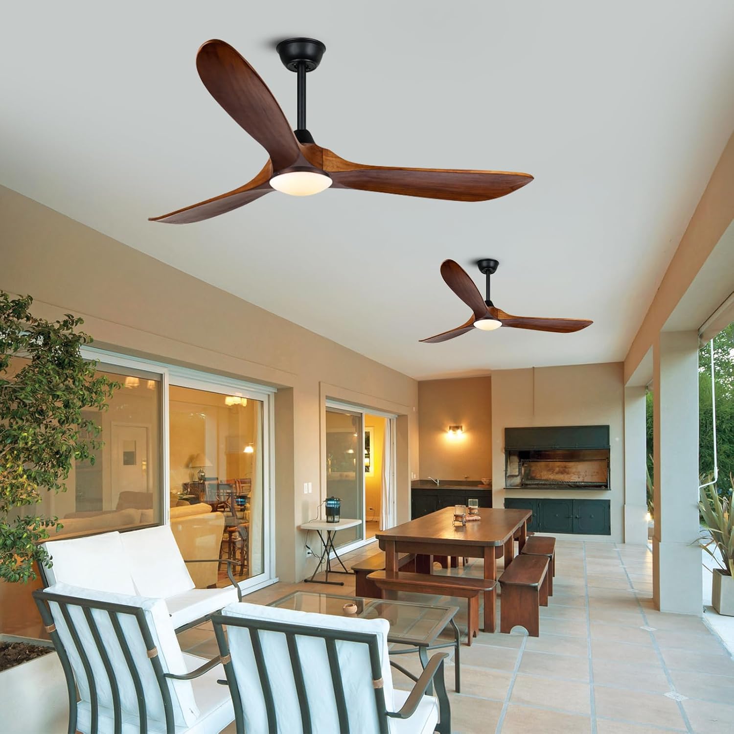 60 Inch Wood Ceiling Fan with Light and Remote, Rustic Farmhouse Ceiling Fan with Reversible DC Motor, Damp Rated Outdoor Ceiling Fans for Patios Porch Commercial, 3 Down Rods