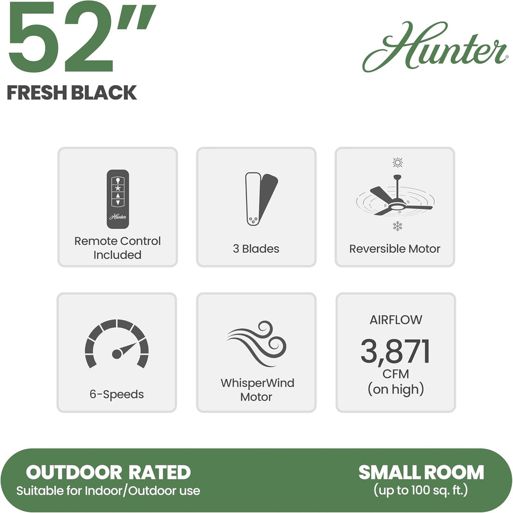 Hunter Fan 52 Inch Fresh Black Indoor/Outdoor Ceiling Fan with Lights and Remote Control for Farmhouse, Patio, Bedroom, Living Room, Office, Basement, Kitchen, Dining Room (Renewed)