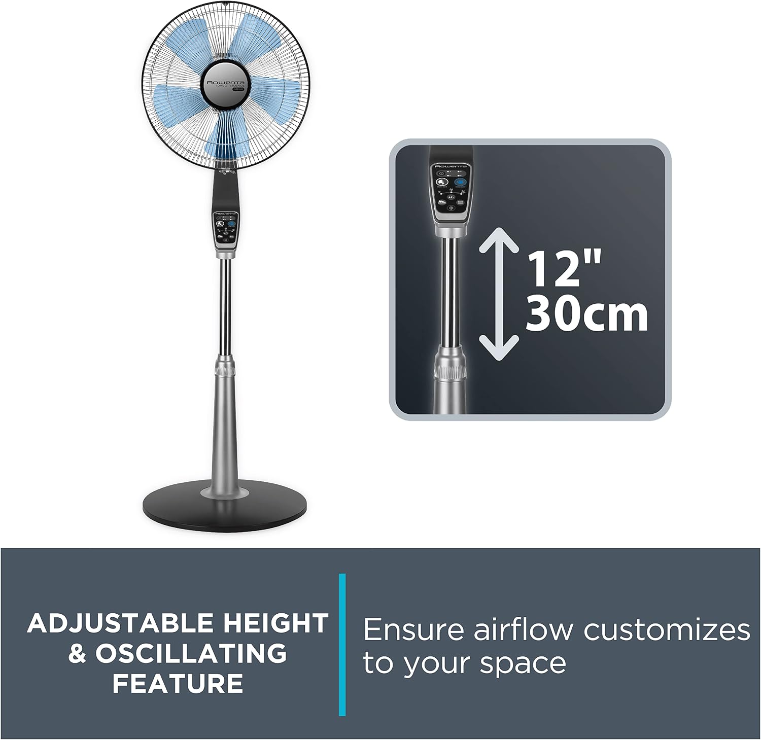 Rowenta Pedestal Fan, 53 Inches, Ultra Quiet Oscillating Fan for Bedroom, Portable, 5 Speeds, Refresh Up to 23-Feet, Silver, Indoor, VU5670