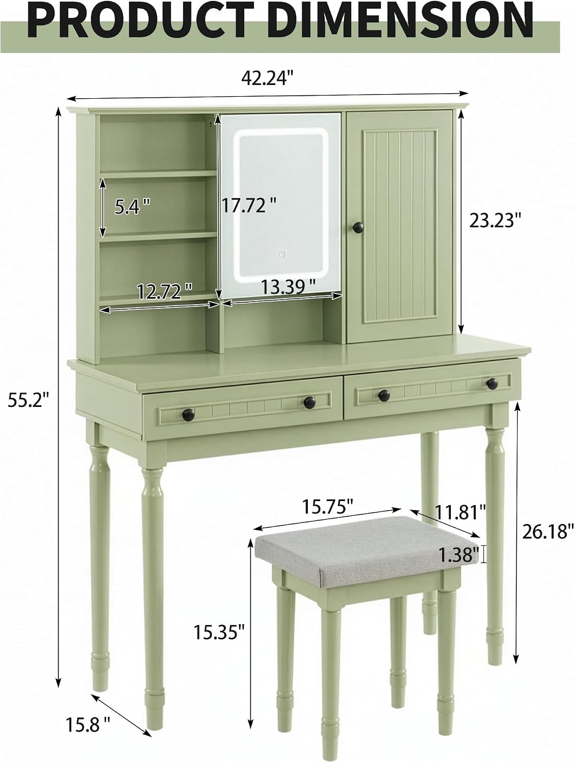 Scurrty Vintage Vanity Table Set with Stool, Color-Changing LED Mirror & Storage Organizer, Classic Wooden Dressing Makeup Desk for Bedroom (Green)